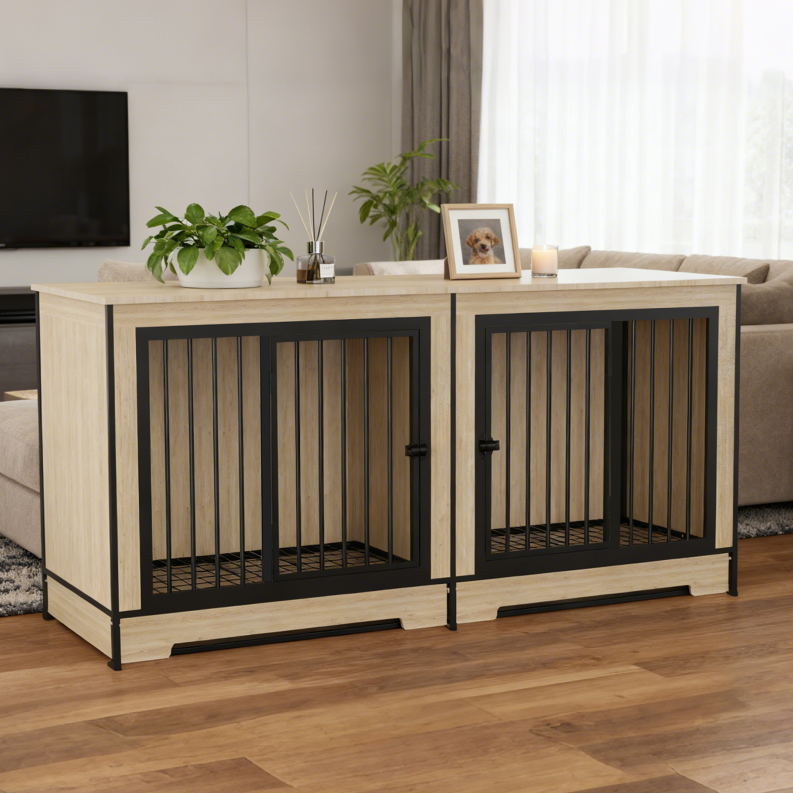 Dog Crate Furniture With Two Combined Room, XL Large Double Dog Cage Furniture With Tray For Medium Large Dogs, Wooden Dog Kennel Furniture — image 5