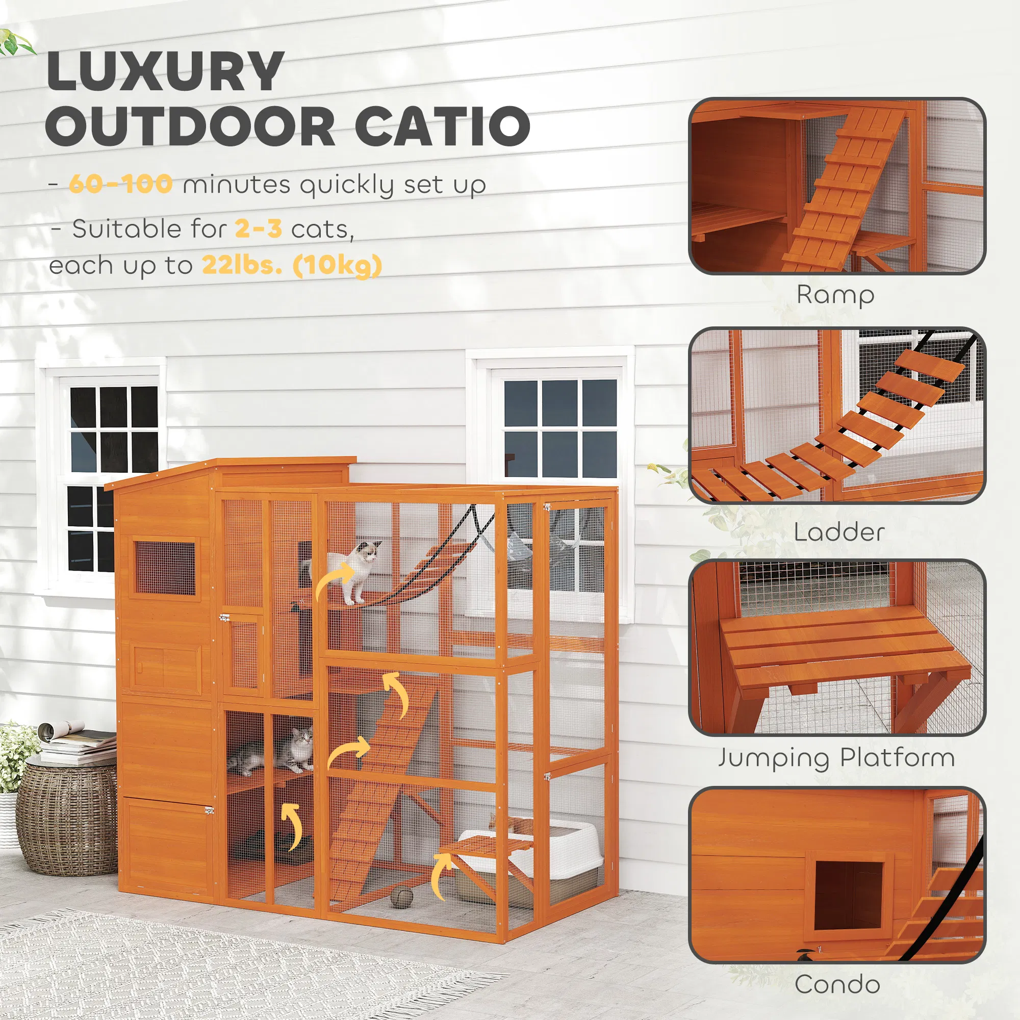 76" Catio Outdoor Cat Enclosure with Cat Condo, Jumping Platforms, Ladder, Ramps, Hammock for 2-3 Indoor Cats, Orange — image 3