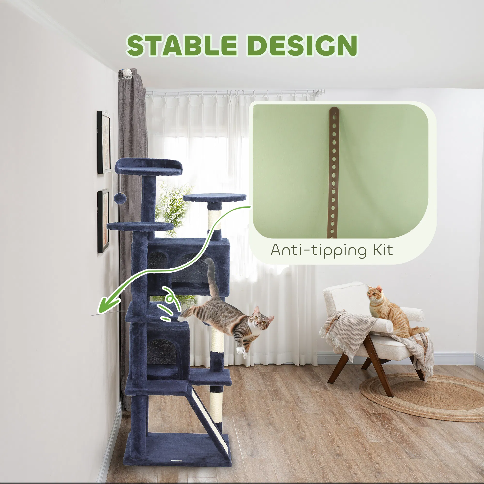 54" Cat Tree, Multi-Level Cat Tower with Scratching Posts, Cat Condos, Bed, Platforms, Ramp, Toy Ball, Dark Blue — image 6