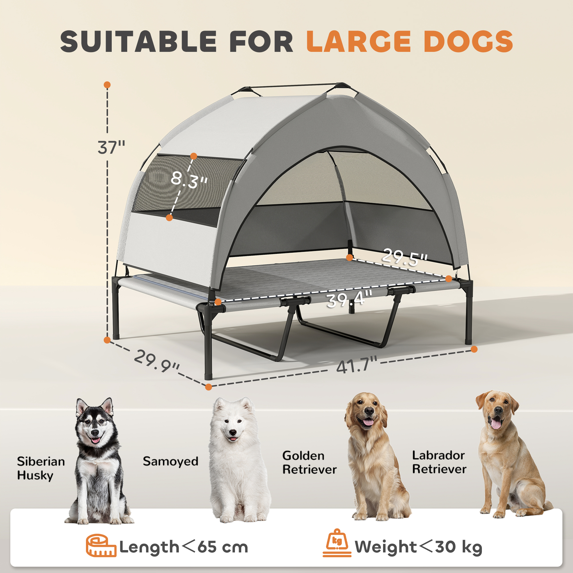 Elevated Dog Bed with Removable Canopy, Portable Outside Raised Pet Cot with Cooling Pad, Storage Bag, 42" x 30" x 37" — image 2
