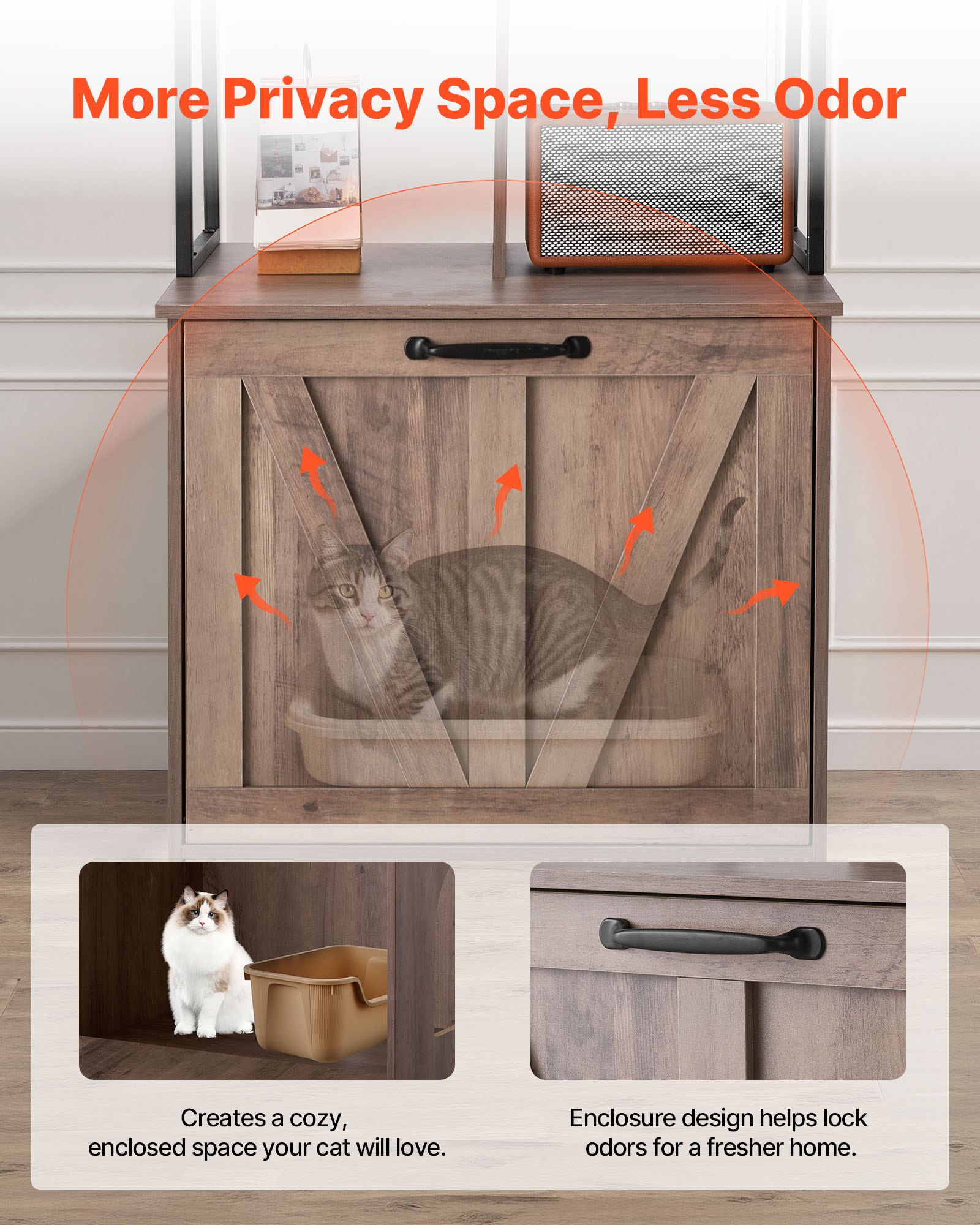 Caja de Arena para Gatos con Encierro Moderno, 23.6'' de Ancho - Armario Oculto con Almacenamiento y Estanterías, Diseño Minimalista Impermeable — imagen 4