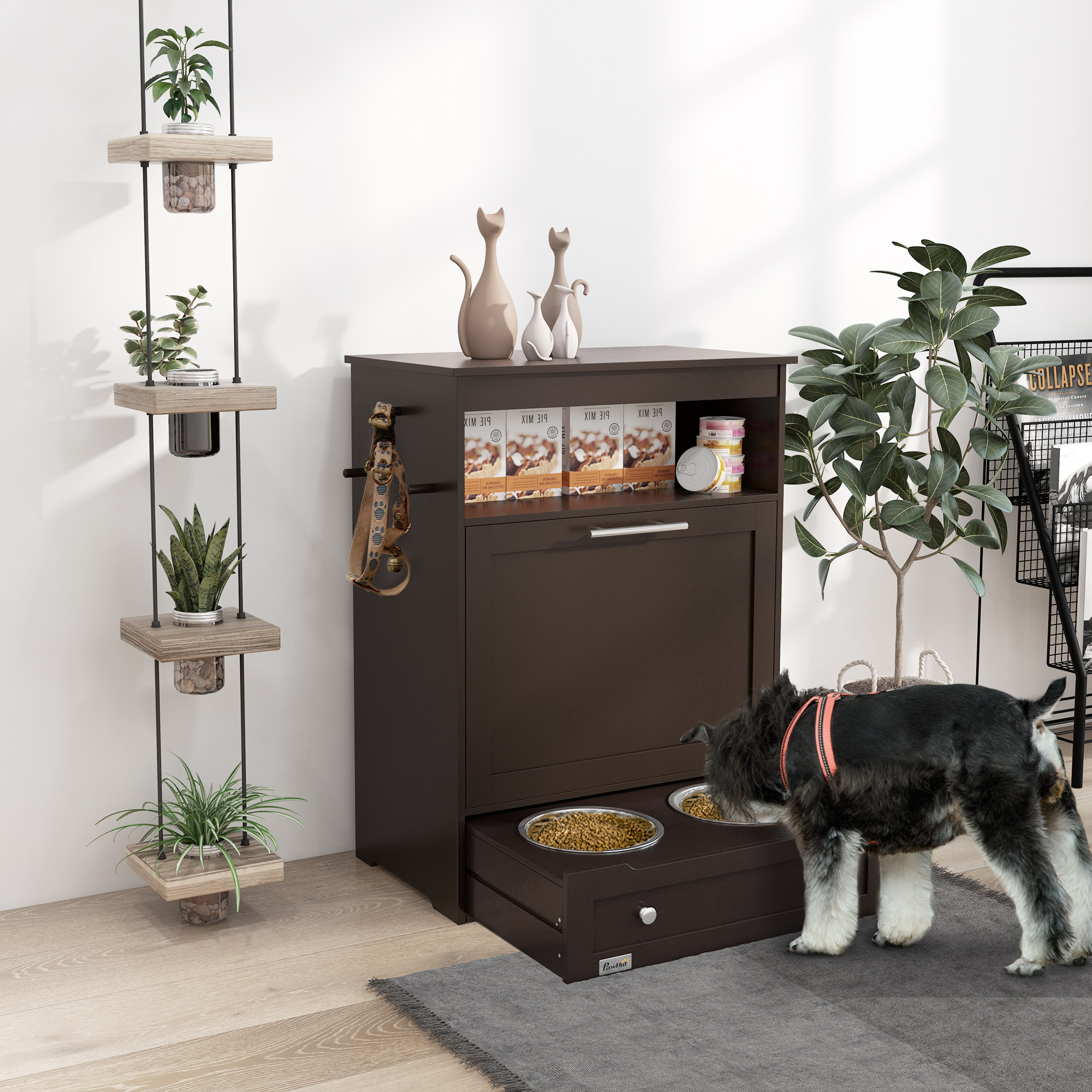 Estación de Alimentador para Mascotas, Armario de Almacenamiento con Tazas Elevadas para Perros y Suministros de Agua, Gris — imagen 1