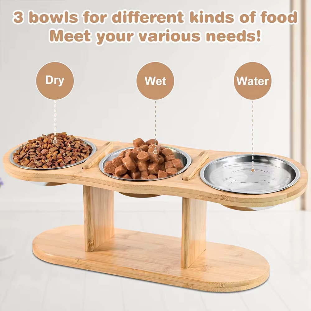Tazones de 3 en 1 con Matriz de Almohadilla de Silicón para Comida, Pico y Agua con Tiltado de 15°, Mesa Elevada de Madera con 3 Tazones de Acero Inoxidable para Gatos y Perros — imagen 4