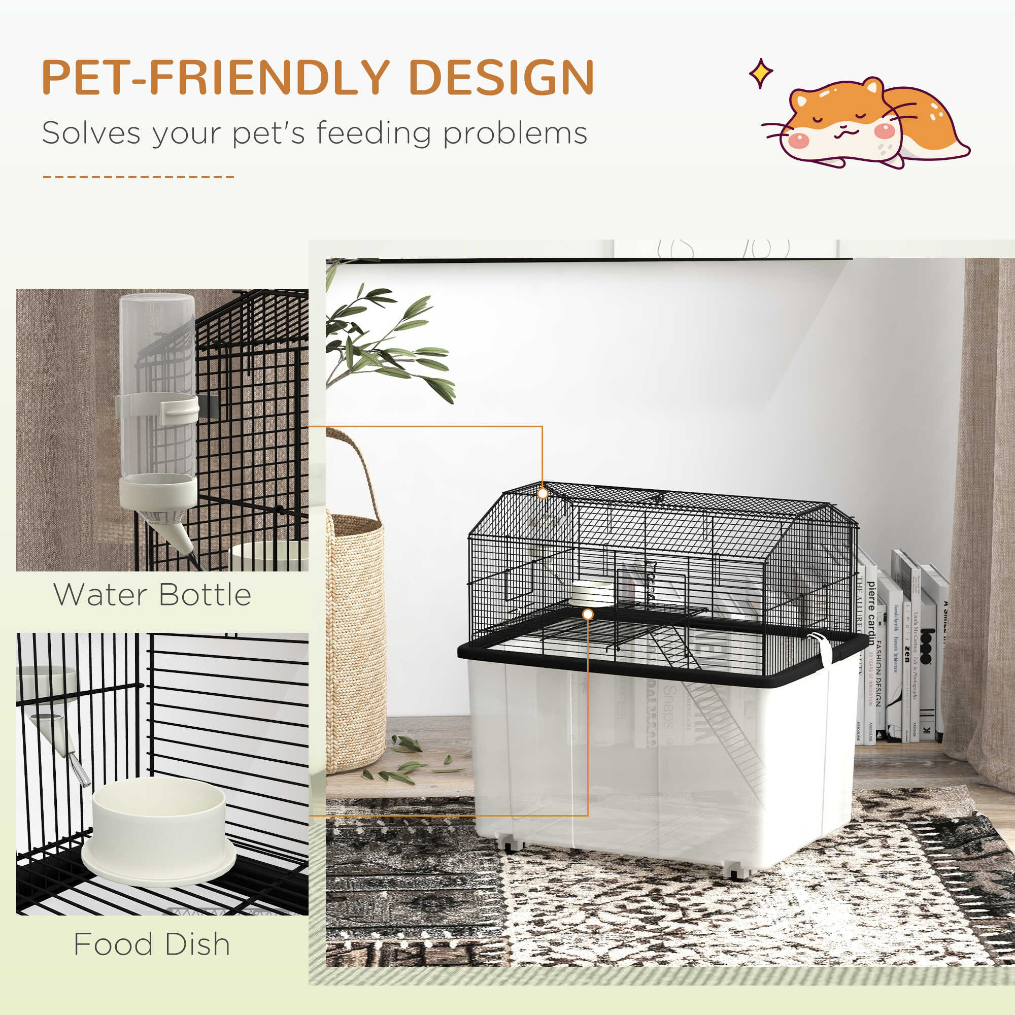 22" 2-Tier Hamster Cage with Extra-Deep 14" Base, Small Animal Cage with Ramp, Water Bottle, Food Dish, Wheels, Black — image 8