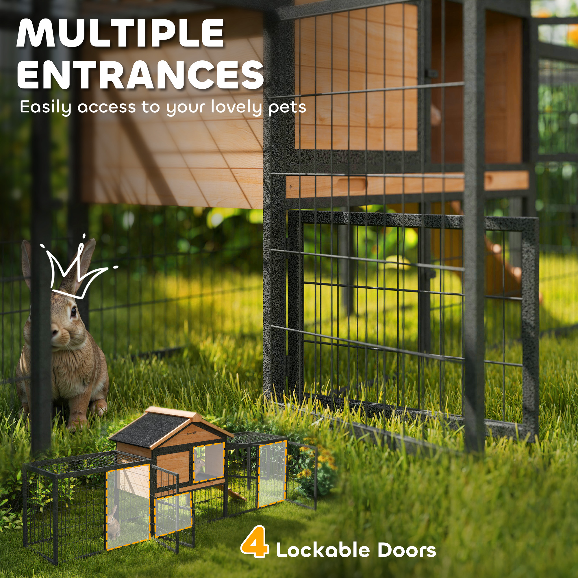 Casa para Conejos de Madera Exterior, 85" Gran Caja para Conejos con Corral de Acero, Plato Removible y Techo de Asfalto — imagen 5