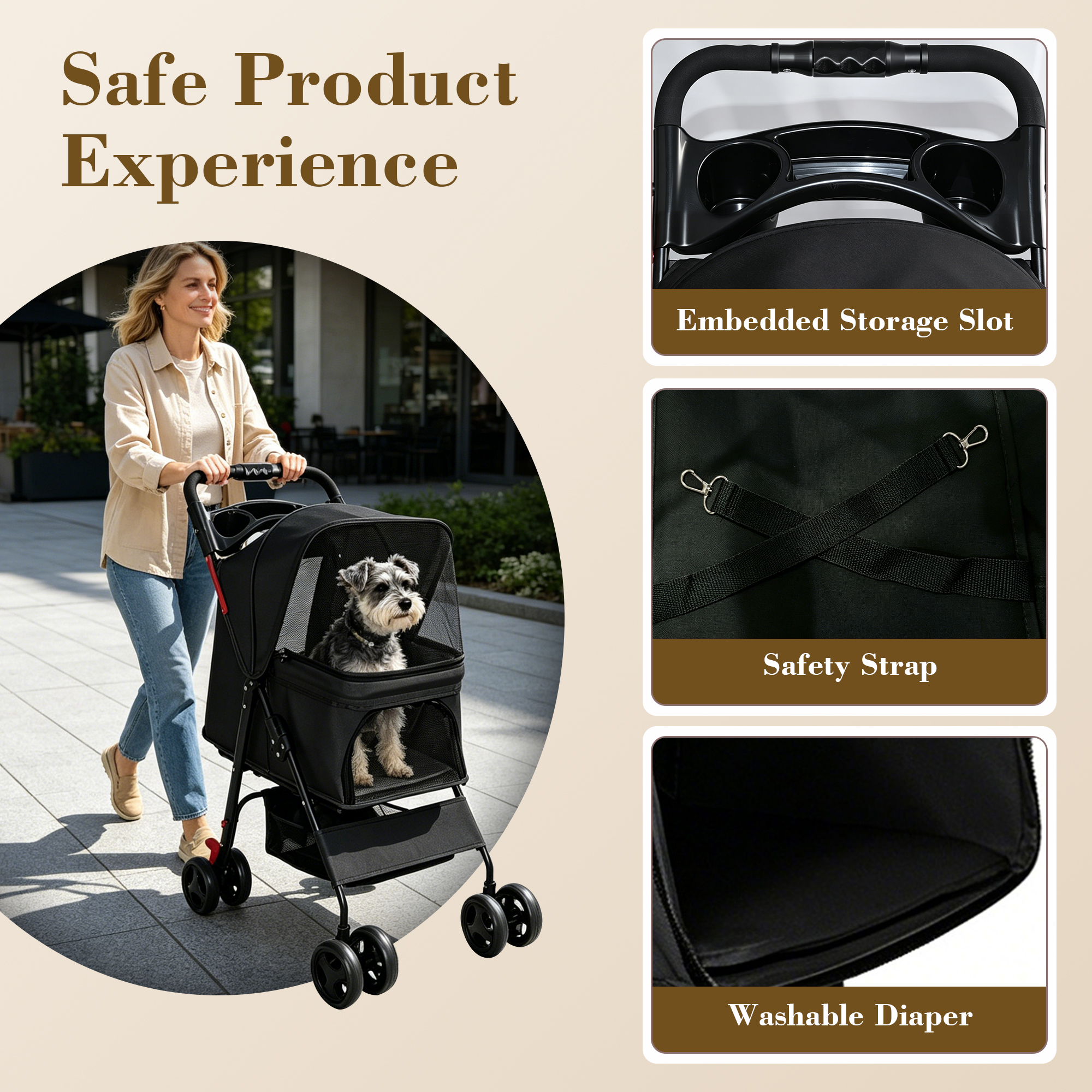 Carril de Mascotas Plegable para Perros y Gatos Pequeños Menos de 28 libras con Mesa Multifuncional, 2 Correas de Seguridad, Cesta de Almacenamiento & Malla Respirable, 4 Ruedas, Negro — imagen 4