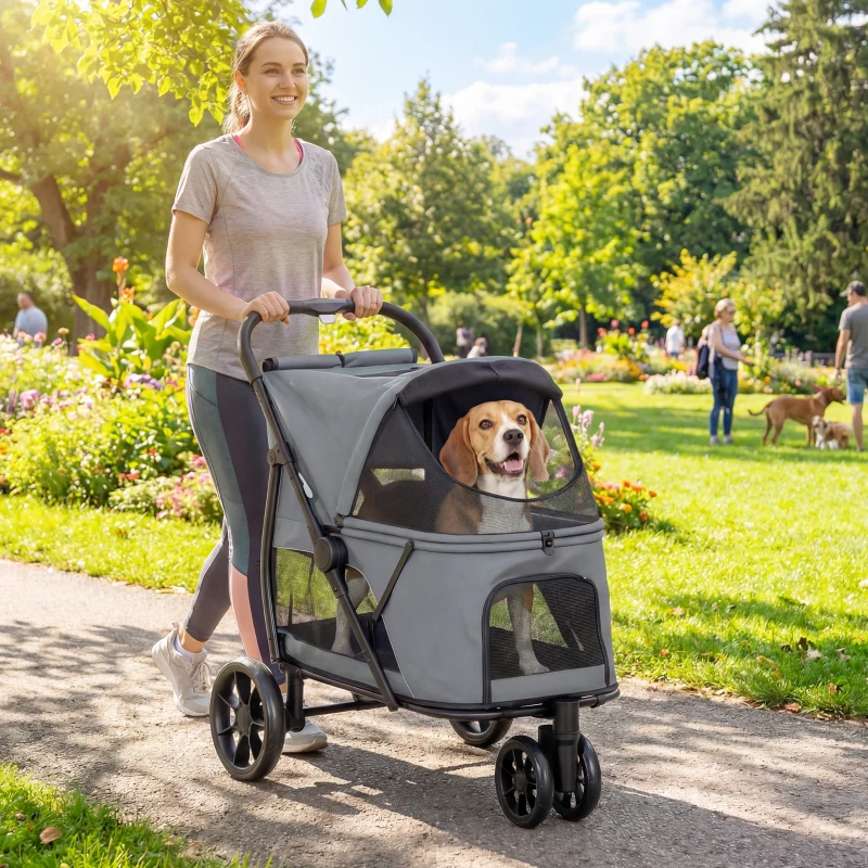 Carrito De 3 Ruedas Para Perros Con Plegado Fácil, Ventilación, Malla Y Almohada Lavable, Para Perros Medianos, Gris — imagen 5