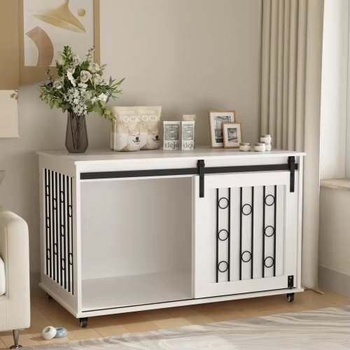 39.37'' White Indoor Dog Crate End Table - Wooden Kennel with Sliding Barn Door, Side Door & Lockable Wheels for Small/Medium Do — image 3