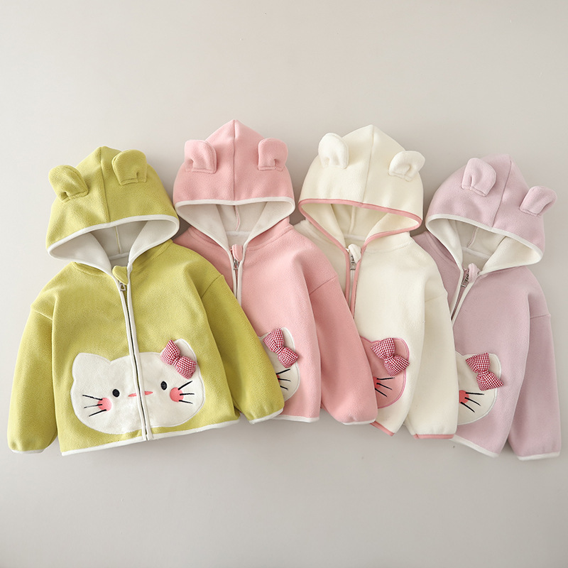 Girls Cat Print Fleece Lined Jacket Autumn Winter Warm Double Sided Fleece Top — image 3