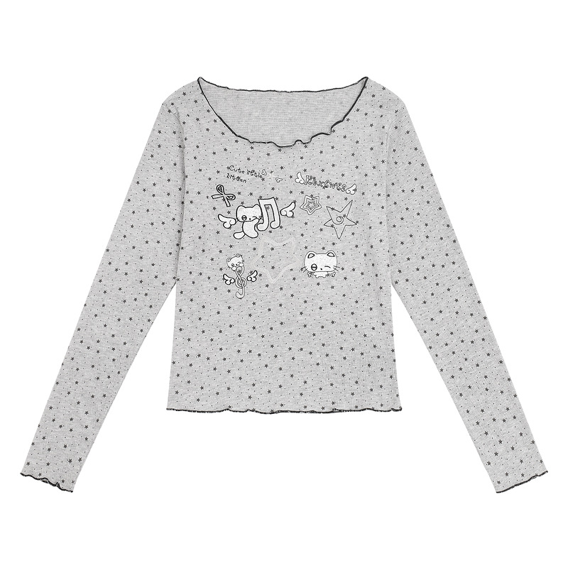 Grey background wavelet dot cat note printed long sleeved T-shirt for women — image 1