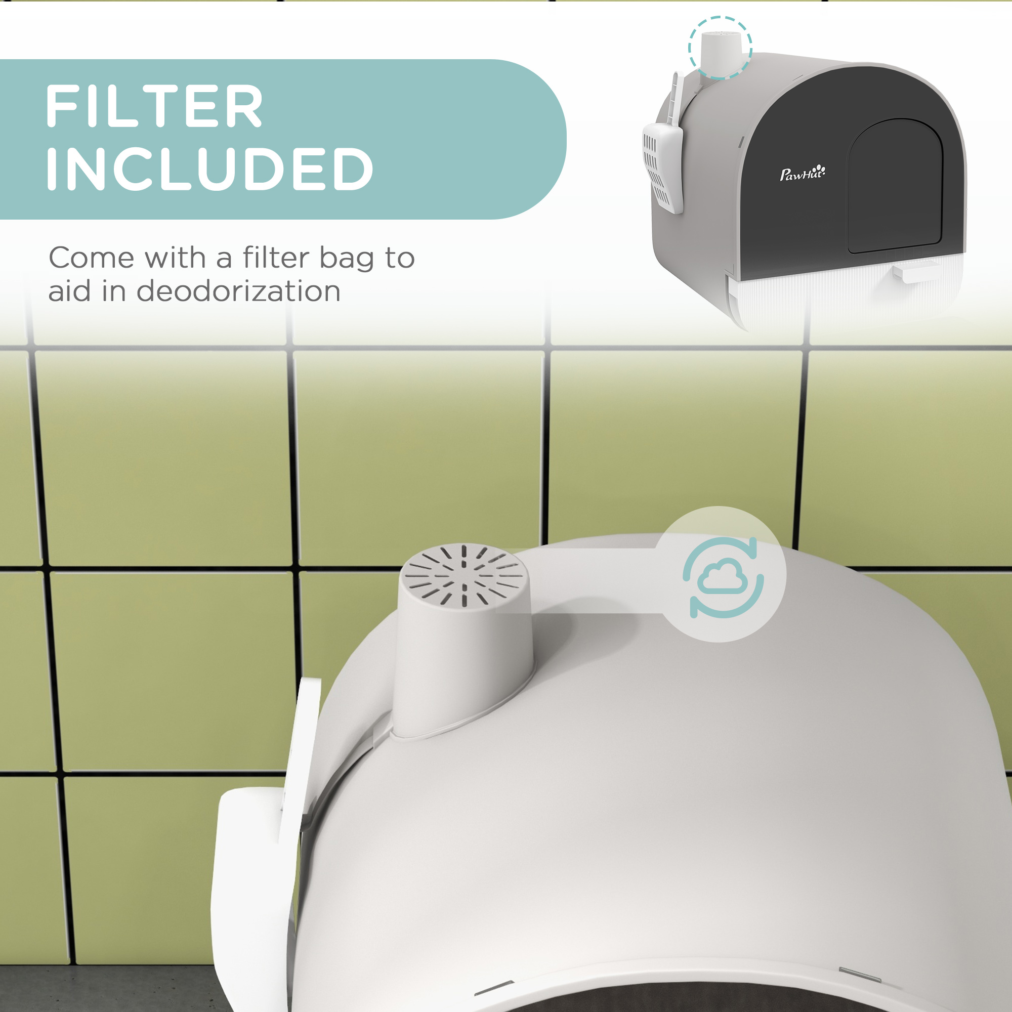 Cat Litter Box with Lid with Scoop and Filter, Light Gray — imagen 7