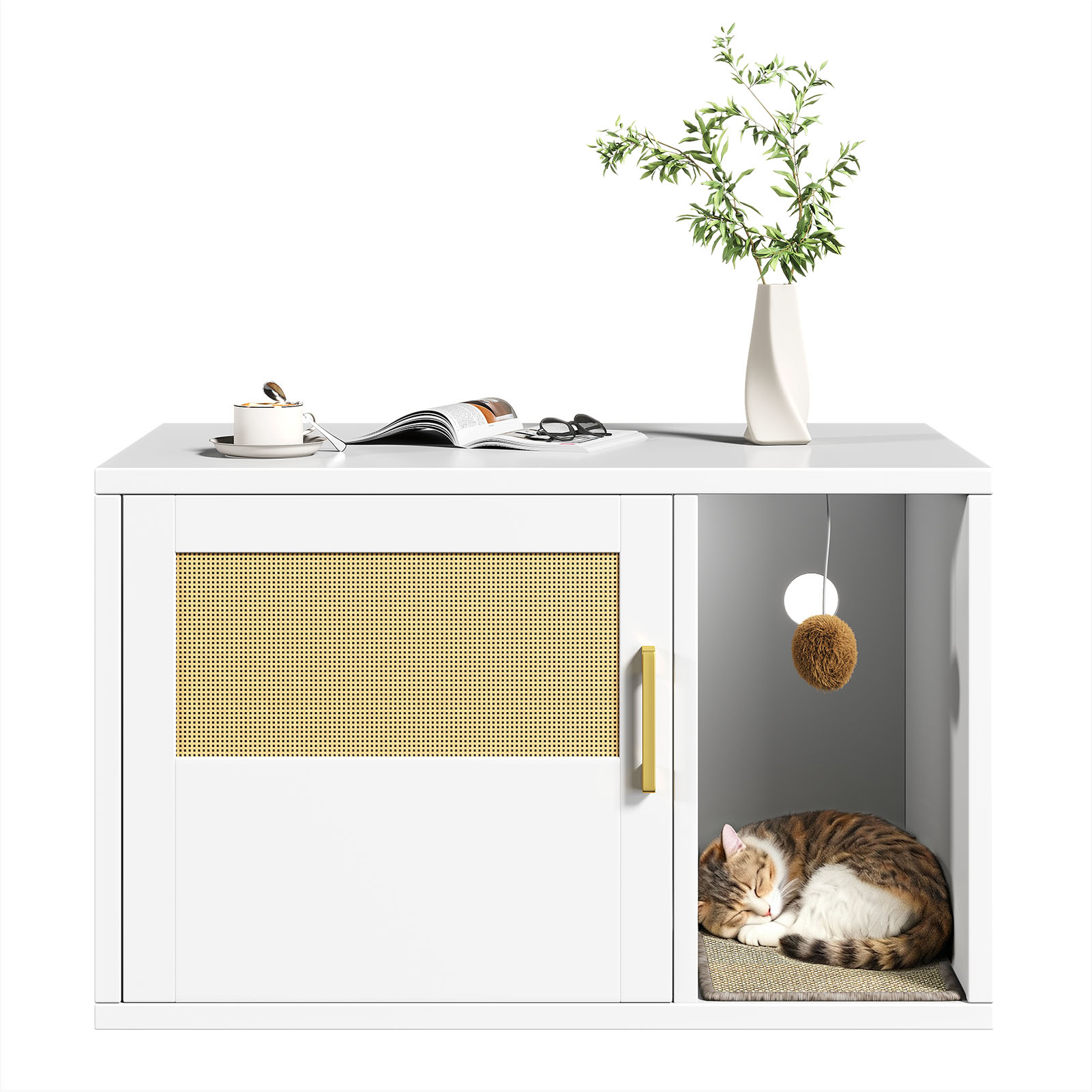 Caja de Limpieza para Gatos Multifuncional de Diseño Blanco Moderno Casa para Gatos con Lavabo y Mesa de Sílabo para Dormitorio y Salón — imagen 23