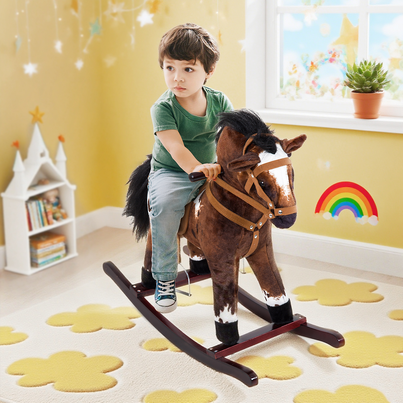 Caballo de Madera Plush para Niños con Sonidos Realistas, Marrón Oscuro/Blanco — imagen 1