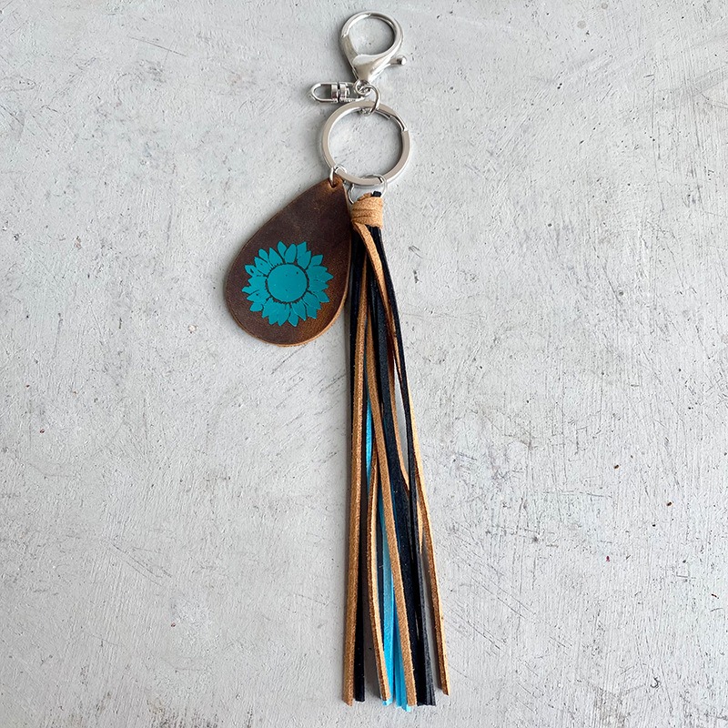 Crazy Horse Skin Keychain Texture Hot Gold Sunflower Cross Droplet Shape Keyring Leather Tassel Pendant — image 3