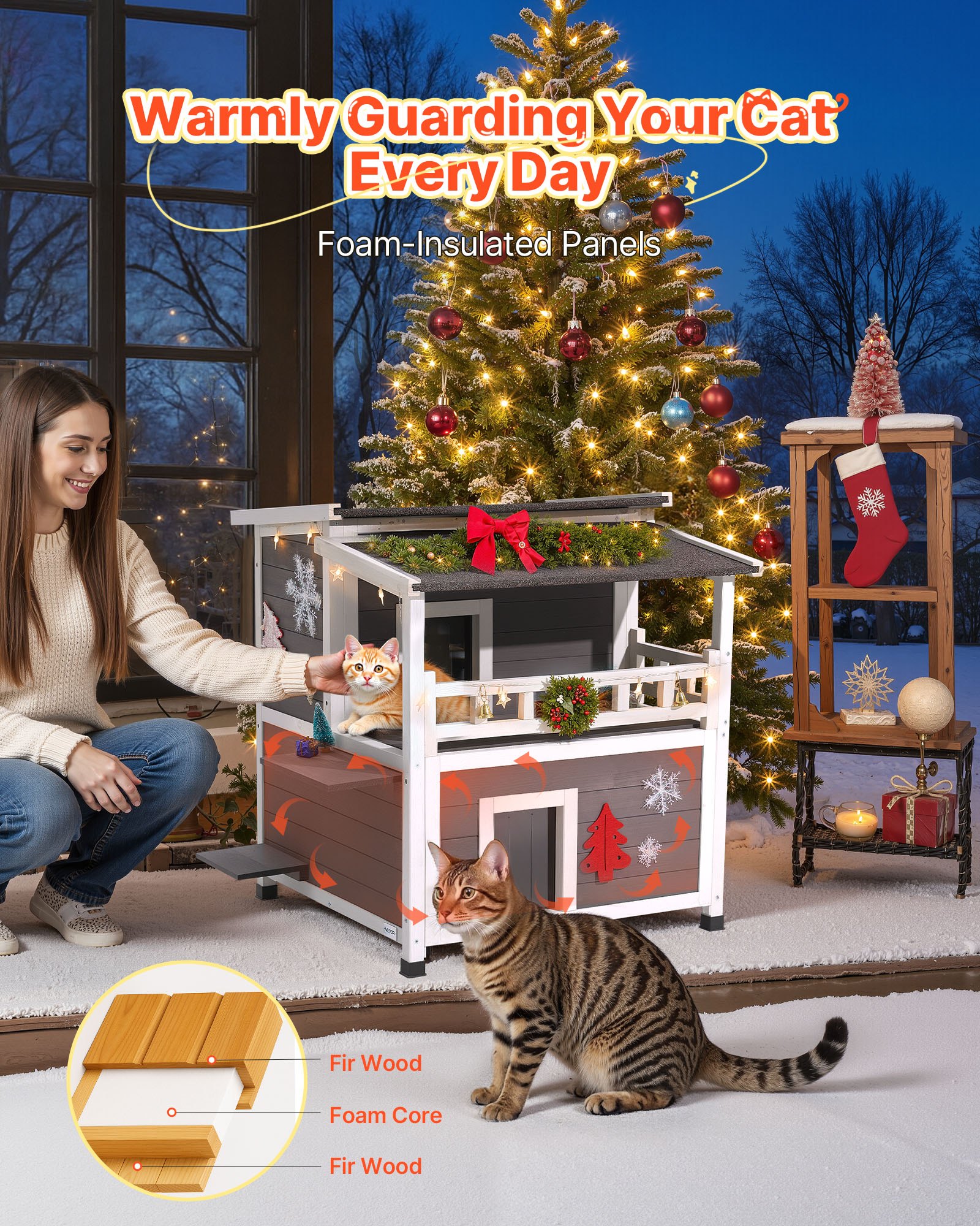 Casa Aislada para Gatos 2 Niveles, Refugio de Madera para Gatos Ferales con Balcón, Condominio de Gatos Impermeable para Indoors y Outdoors para 1-3 Gatos en Invierno 33 x 29.5 x 32 Pulgadas — imagen 2