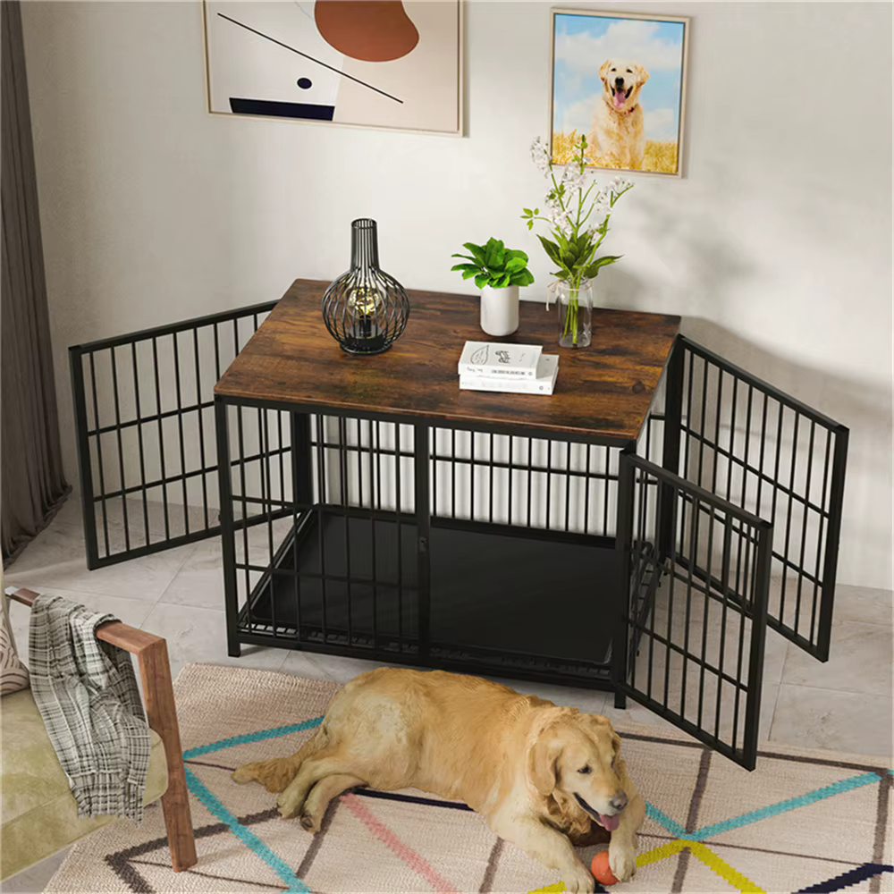 Caja de Perro en Madera Grande Estilo Decorativo con 3 Puertas y Mesa de Centro Elevada, Jaula para Mascotas con Accesorios Removibles — imagen 1