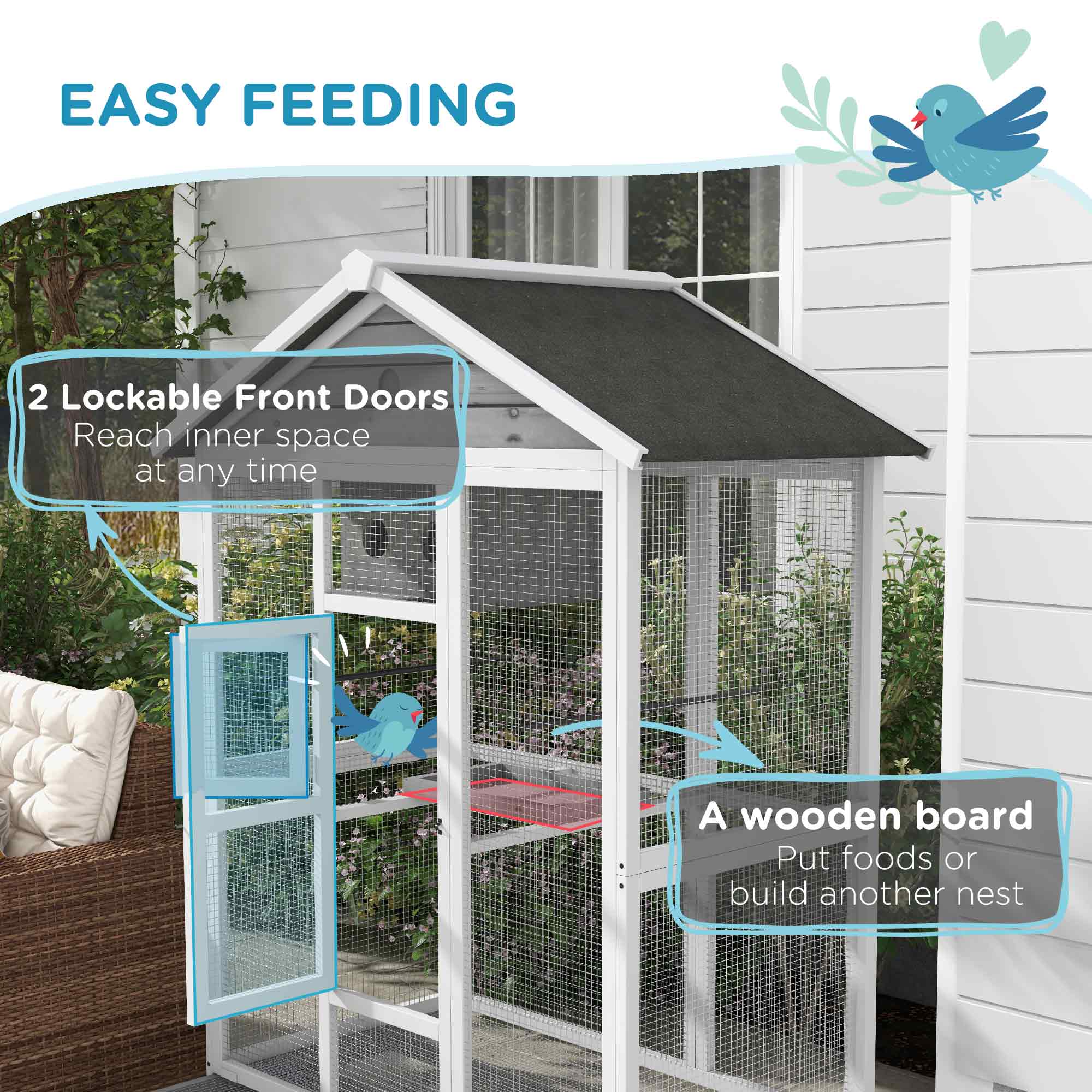 64.5" Wooden Bird Cage Aviary, Flight Cage with 4 Perches, Nest and Slide-Out Tray for Indoor/Outdoor, Gray — image 4