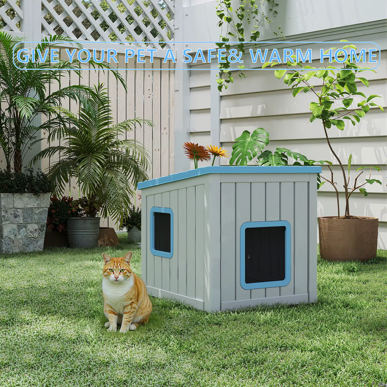 Casa para Mascotas con Techo Inclinado Plástico Resistente al Tiempo, Refugio de Gato para Patio Interior y Exterior — imagen 3
