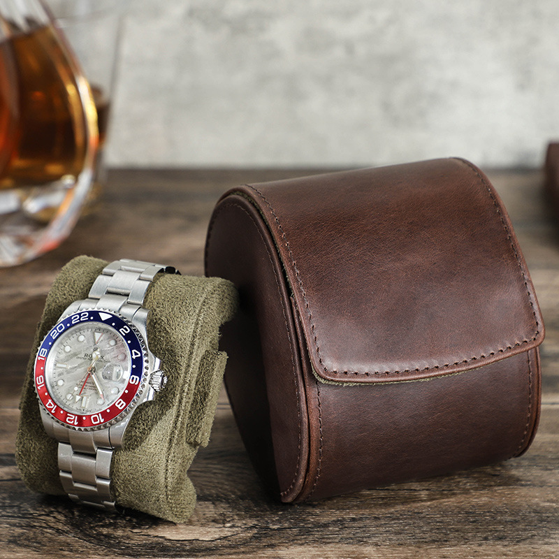 Vintage Crazy Horse Leather Watch Box, Single Compartment Genuine Leather Watch Case, Portable Watch Gift Box — image 2