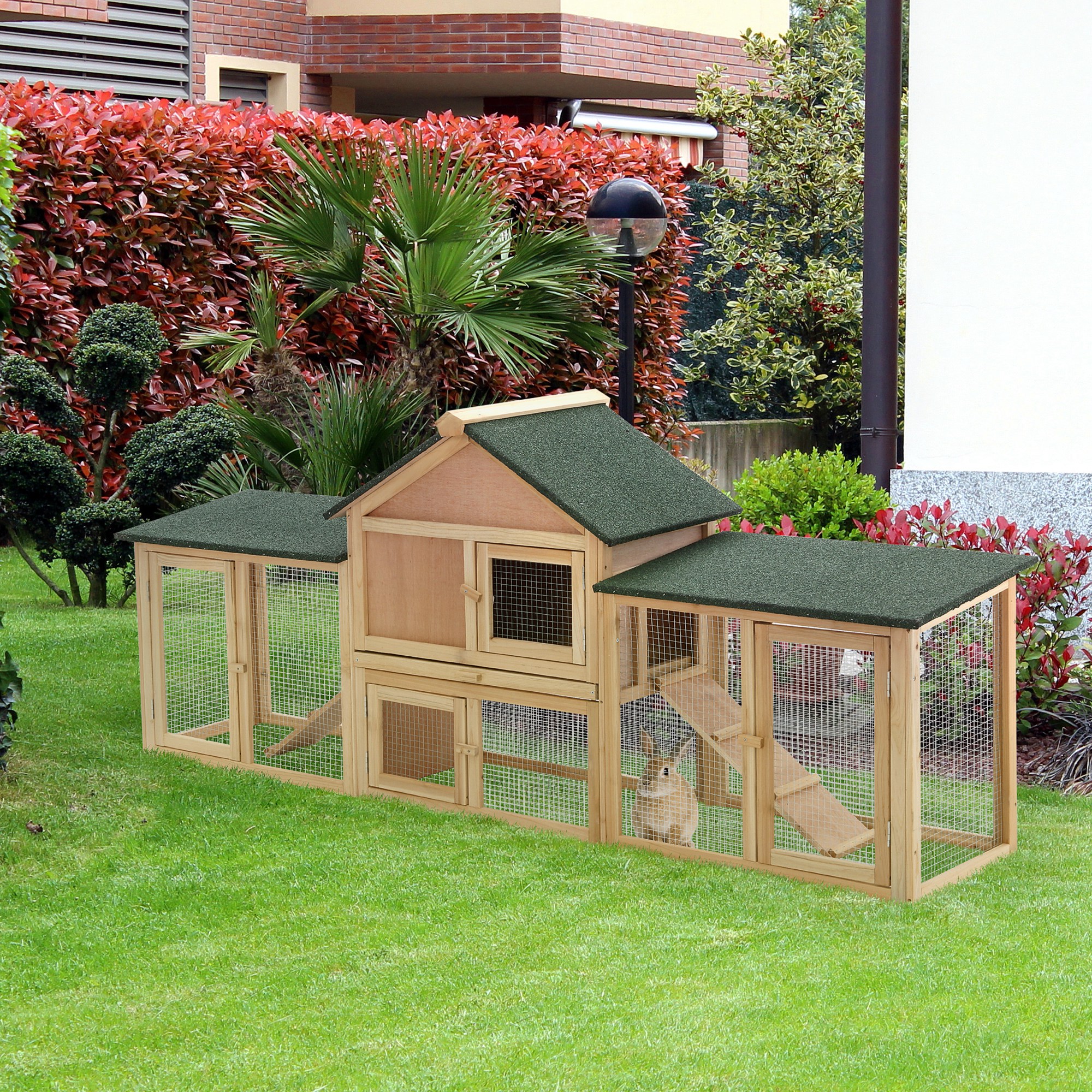 Caja para Conejos Exterior, Casa de Conejo Deluxe XL de Madera 2 Niveles con Escalera y Corral — imagen 5