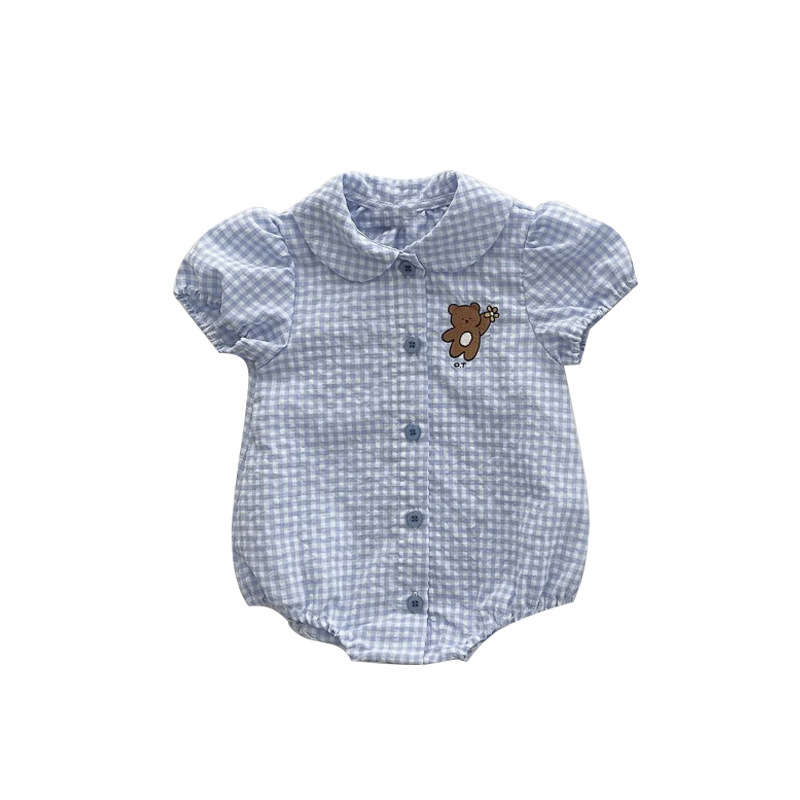 Baby Campus Bear Embroidery Round Neck Plaid Romper — image 1