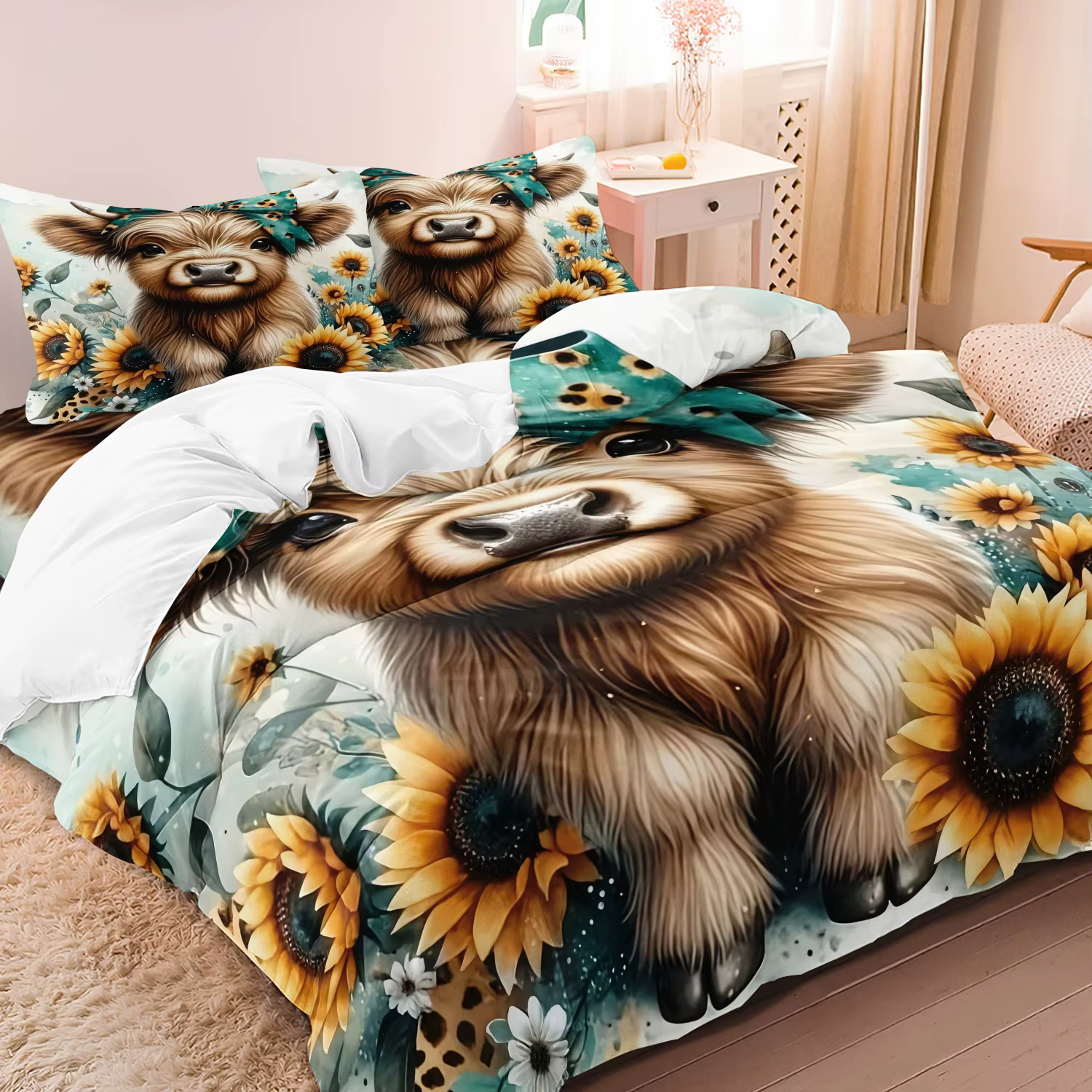 Juego de cama suave de 3 piezas con estampado de vaca Highland, incluye 1 funda nórdica y 2 fundas de almohada, decoración de dormitorio para todas las estaciones — imagen 4