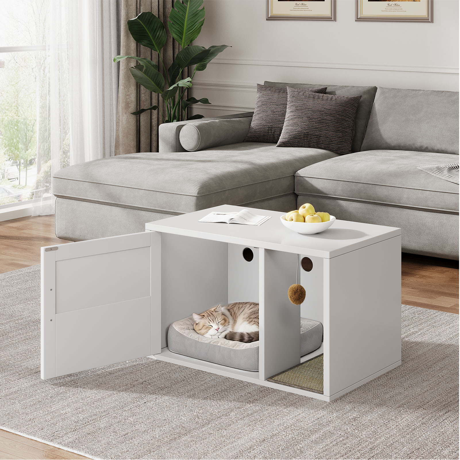 Caja de Limpieza para Gatos Multifuncional de Diseño Blanco Moderno Casa para Gatos con Lavabo y Mesa de Sílabo para Dormitorio y Salón — imagen 21