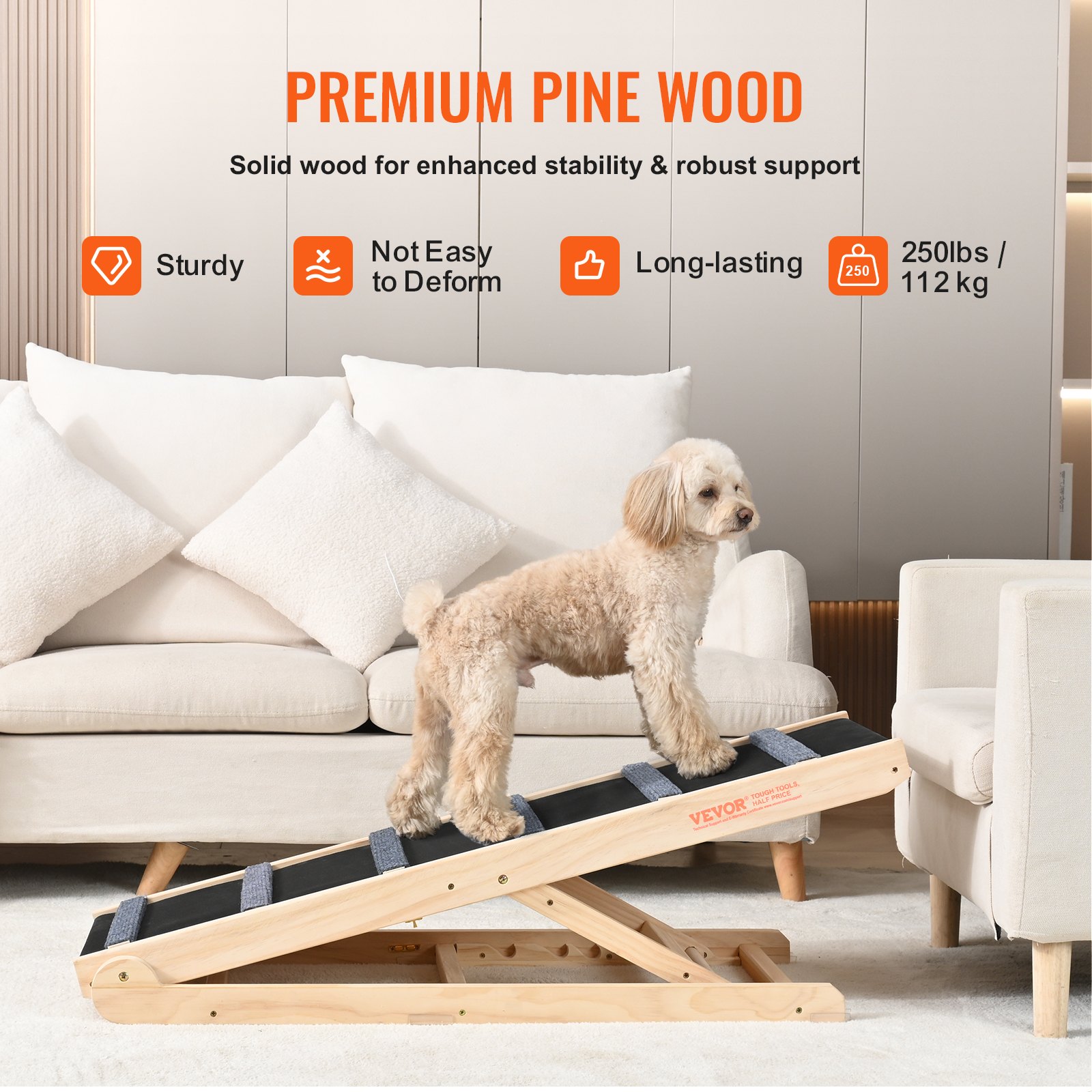 Dog Ramp, Folding Pet Ramp For Bed, Adjustable Dog Ramp For Small, Large, Old Dogs & Cats, Wooden Pet Ramp With 41.3' Long Ramp, Adjustable From 13.77' To 25.59', Suitable For Couch, Sofa, Car — imagen 3
