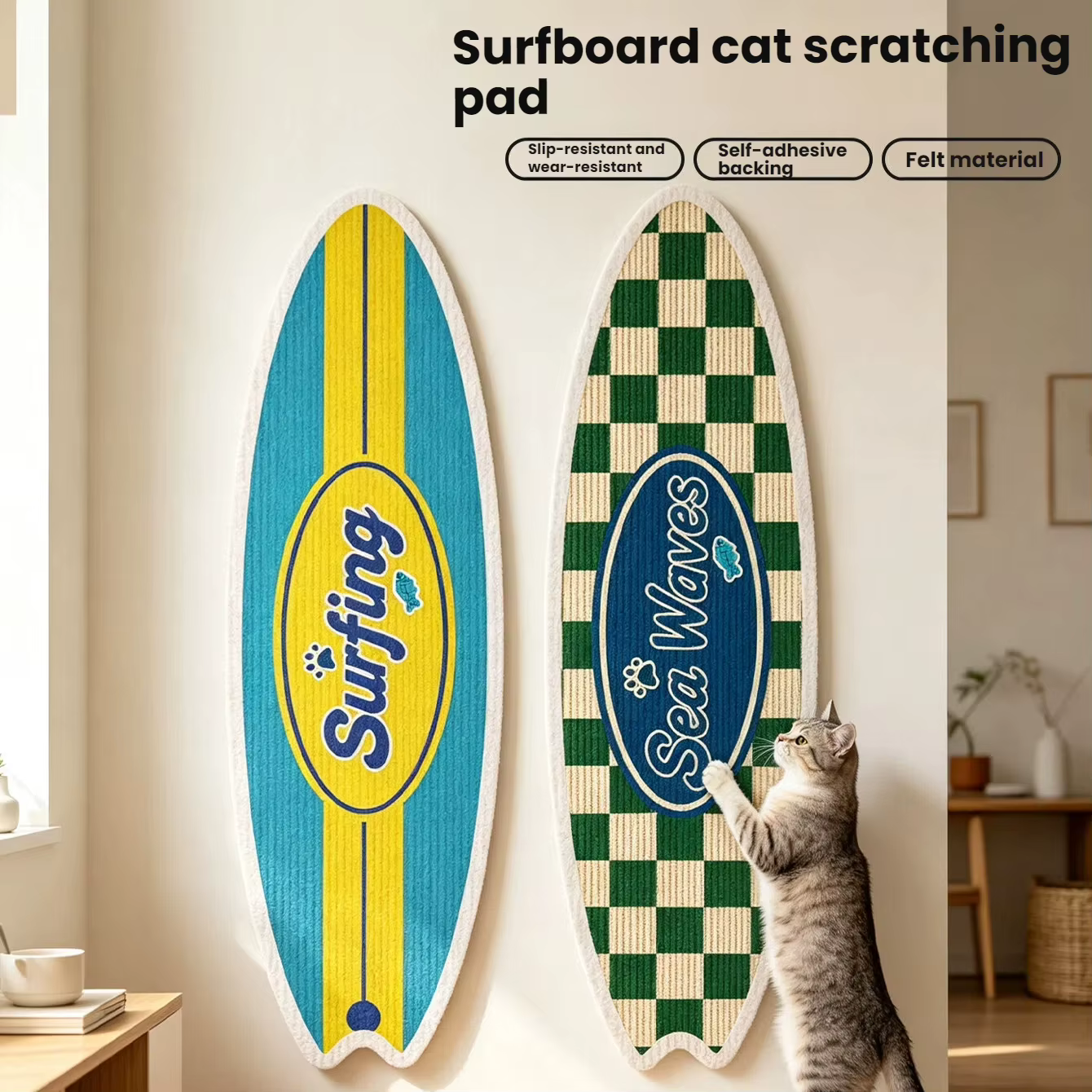 A Cat Scratcher Post in the Shape of a Surfboard, Wall-mounted, Made of Natural Sisal Material, and Free of Debris, Toy for Cats — image 2