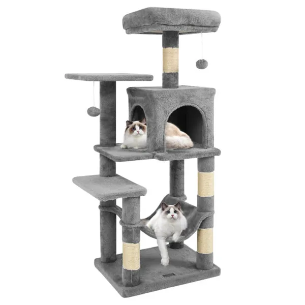 Rascador para gatos de 44" de varios niveles con amplia percha superior, condominio de 2 puertas y hamaca, para gatos de interior - Gris claro — imagen 1