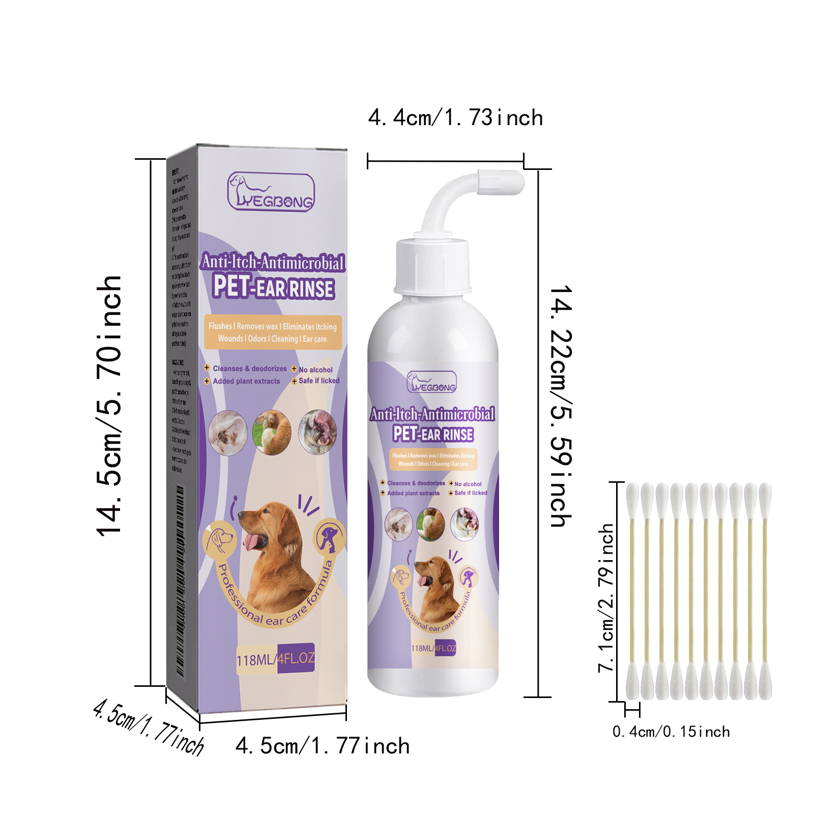 Limpieza para Orejas de Mascotas 118ml con Glicerina y EDTA Disódico, Baño Antipruriginoso Antibacteriano Sin Alcohol para Perros y Gatos — imagen 3