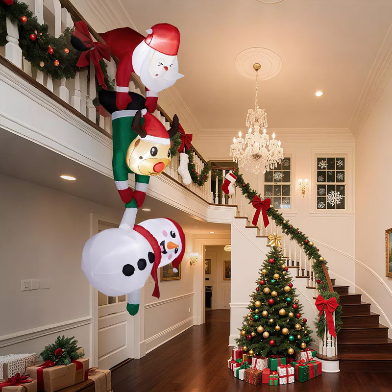 Inflatable Christmas Decoration, Santa Climbing Roof with Reindeer & Snowman/Elf, Indoor Decor — image 2