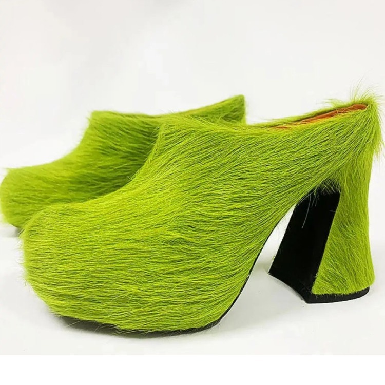 Round headed candy colored genuine leather horse hair with raised height inside casual lazy half slippers for women — image 12