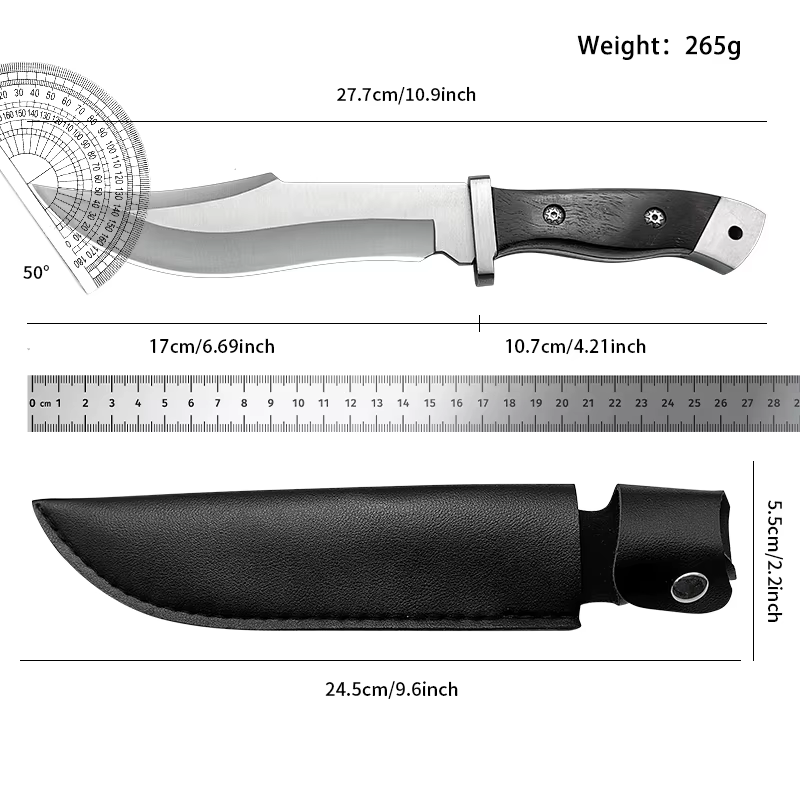 Stainless steel hunting knife with a wooden handle, paired with a black leather sheath, an essential tool for adventurers — image 6