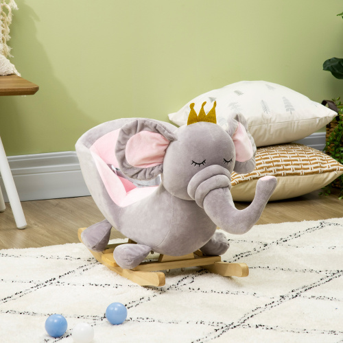 Qaba Baby Rocking Horse Elephant Rocking Chair Toddler Rocker Toy With Sound Wooden Base Seat Safety Belt For 1.5-3 Year Old, Gray — imagen 7