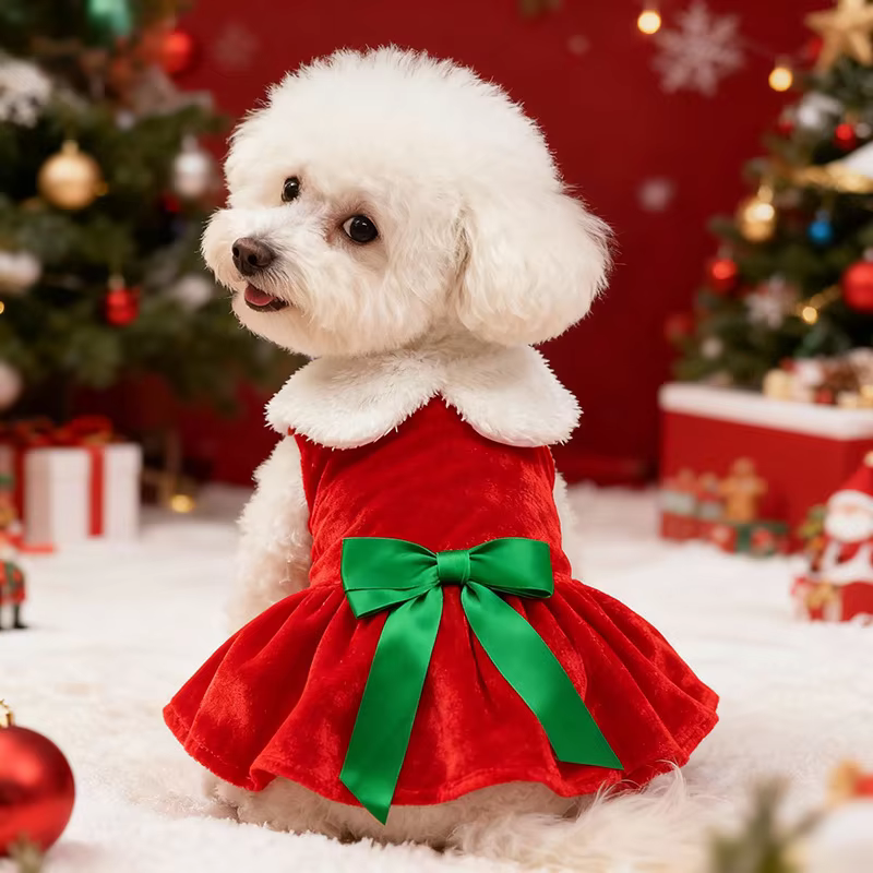 Traje de Navidad para Perros en Tela de Seda Dorada con Cinta Verde y Faldita Princesa — imagen 2