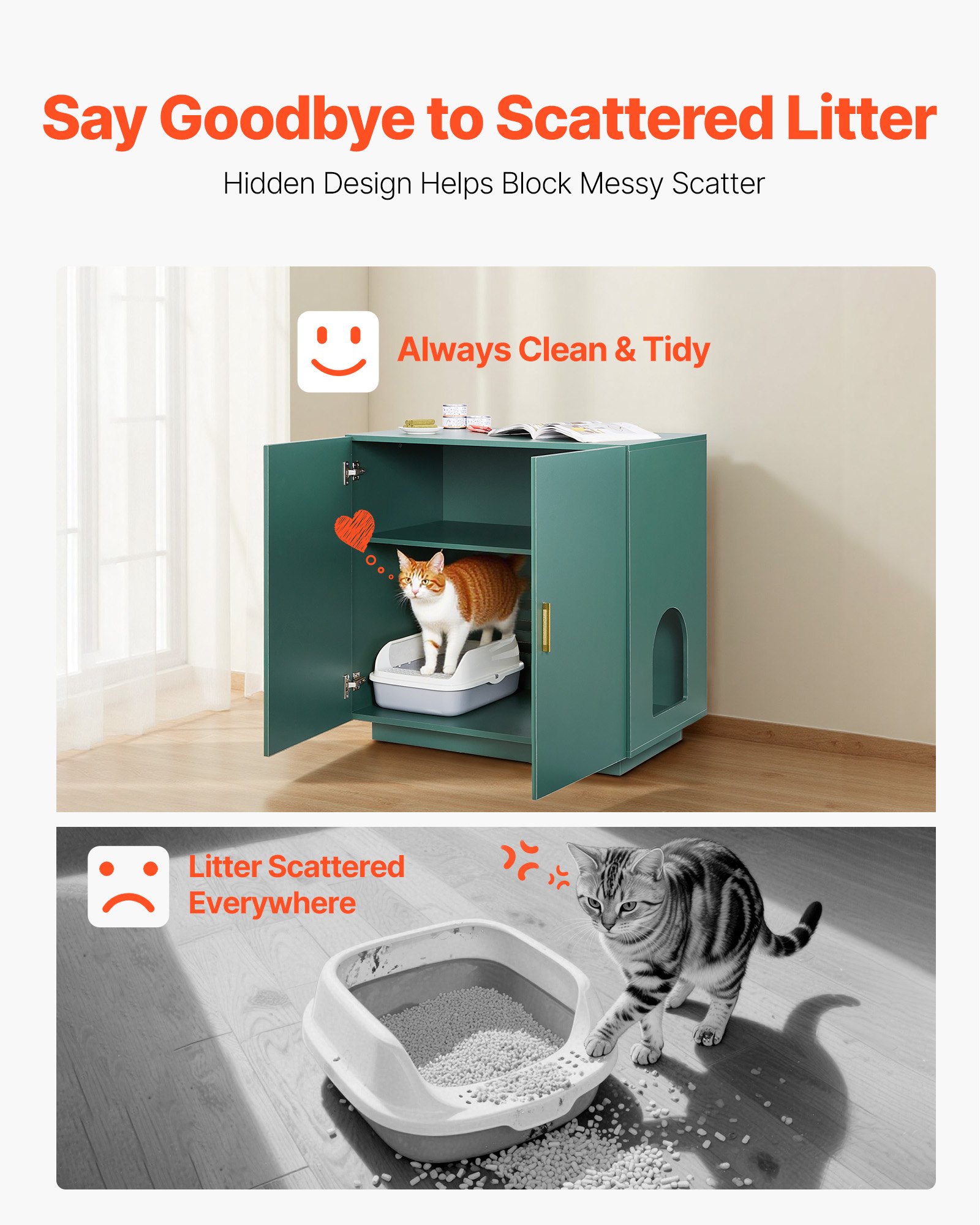 Caja de Limpieza para Gatos, 81 cm Enclosed Caja de Arena Oculta con Madera, Casa de Gato Interior con Hendiduras Ventiladas, Puertas Dobles y Mesa de Servicio para la Mayoría de Cajas de Arena — imagen 5