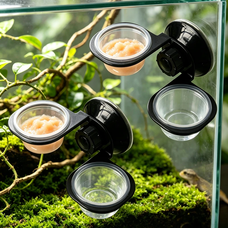 Bowl de Alimento para Reptiles con Sujeción por Succión, Doble Recipiente y Montaje en Pared