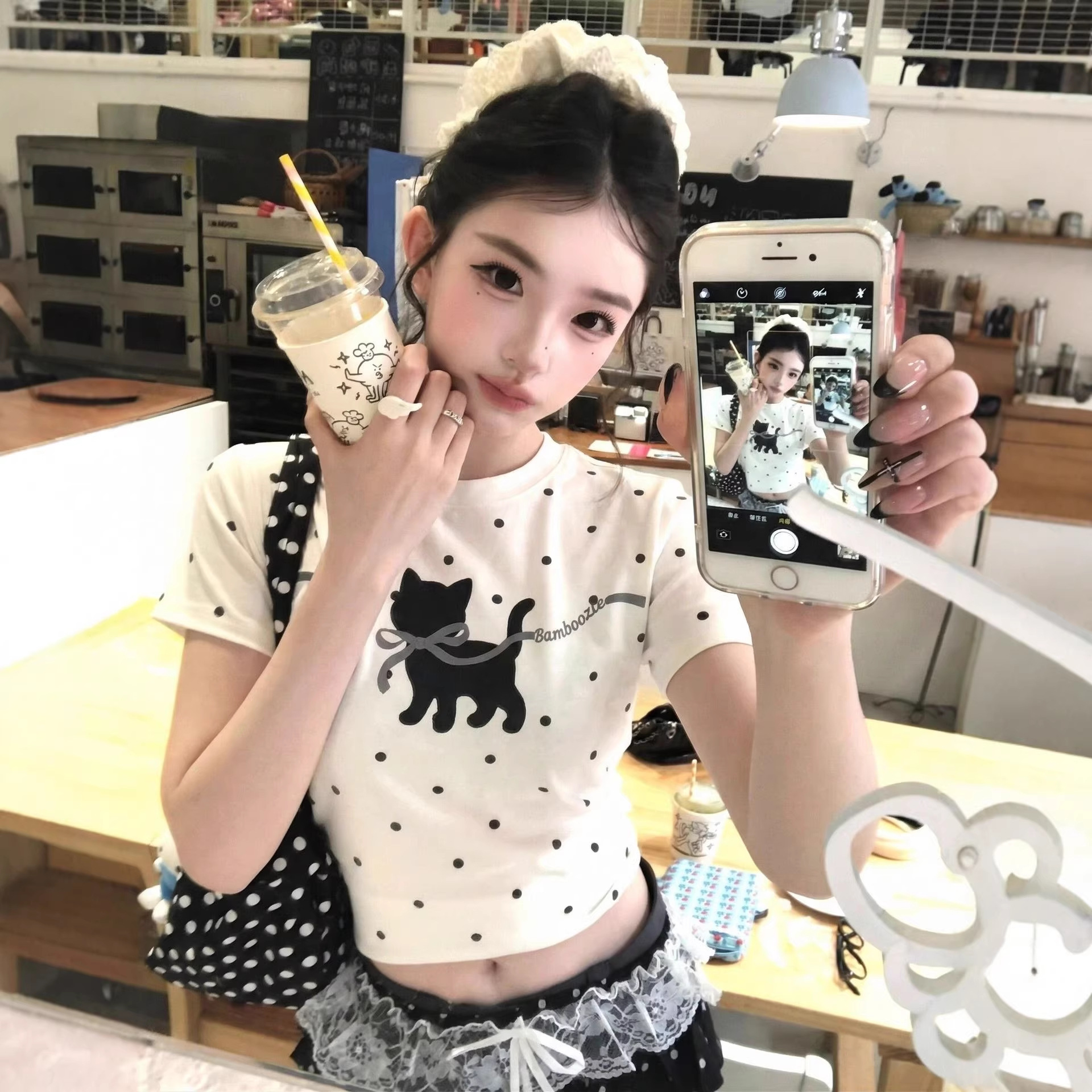 Women's cat print regular shoulder short-sleeved T-shirt — image 3