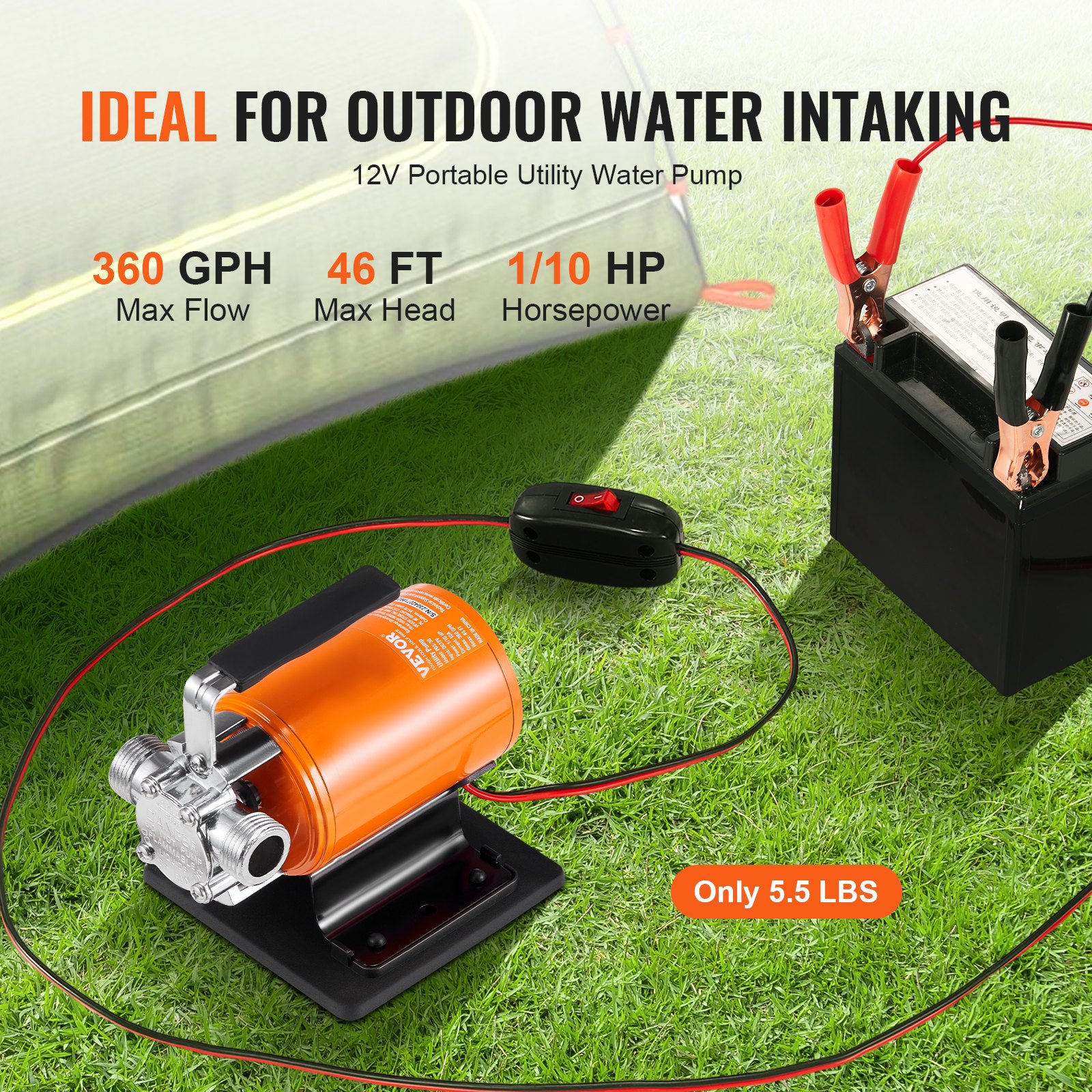 Pompa de Transferencia de Agua 12V DC 360 gph 1/10CV, Portátil y Eléctrica con Kit de 6 pies de Tubo de Succión, Impulsor, Cepillo de Succión para Jardín, Barril de Lluvia, Piscina, Estanque, Baño de Agua Caliente, Descarga de Acuario — imagen 3