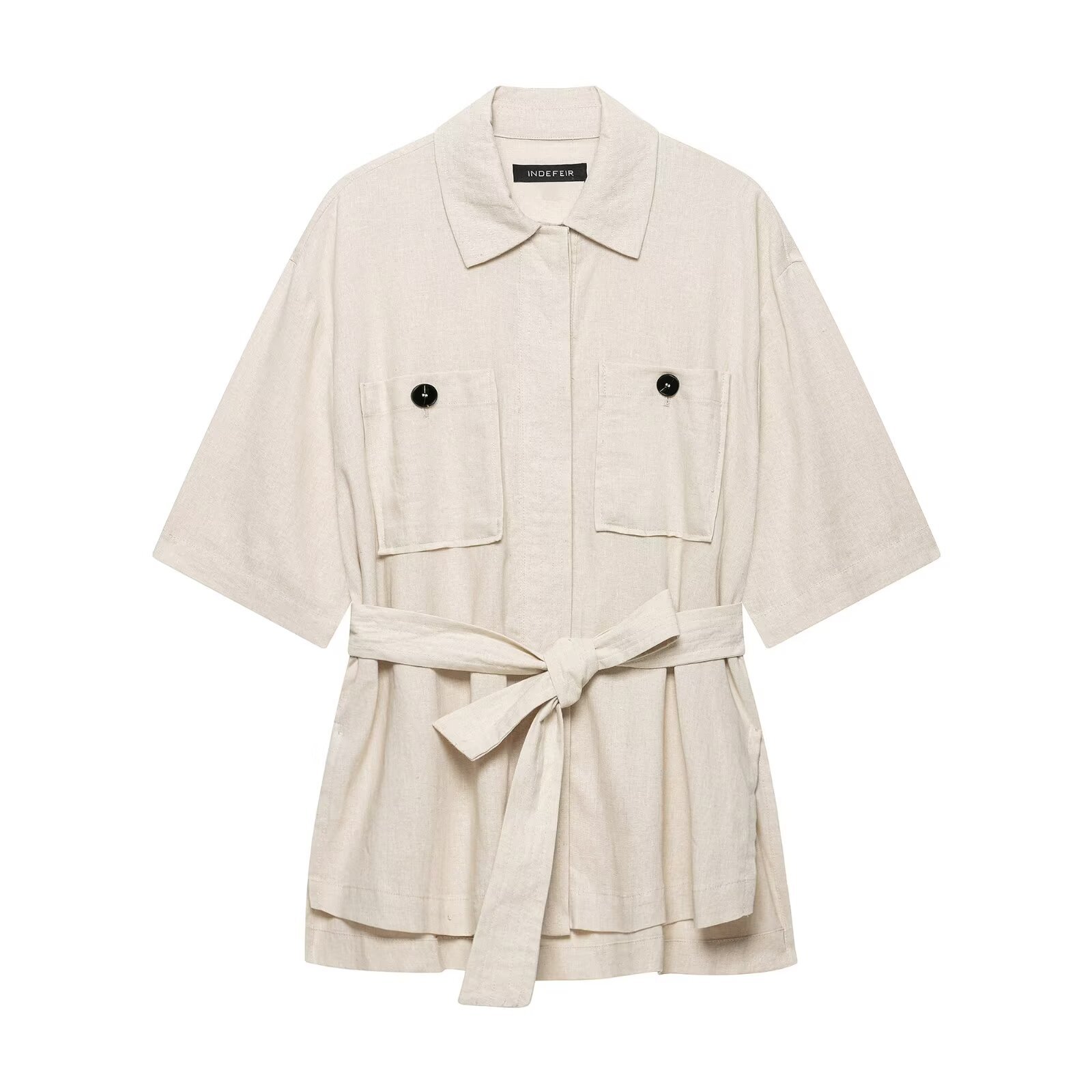 Linen blend with belt hunting outfit short sleeved jacket for women — image 7