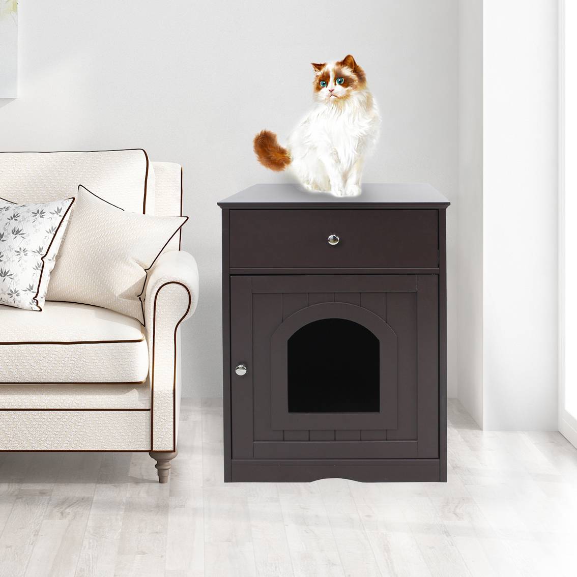 Wooden Pet House Cat Litter Box Enclosure With Drawer, Side Table Indoor Pet Crate — image 2