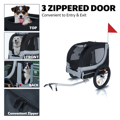 Remolque de Bicicleta Grande Plegable para Perros - Capacidad 100LB, Transporte Seguro para Mascotas en Terrenos Varios, Estructura de Acero Duradero para Ciclismo, Carrera y Aventuras al Aire Libre, Negro-Gris 20 pulgadas de Ancho con Llantas Gordo — imagen 2