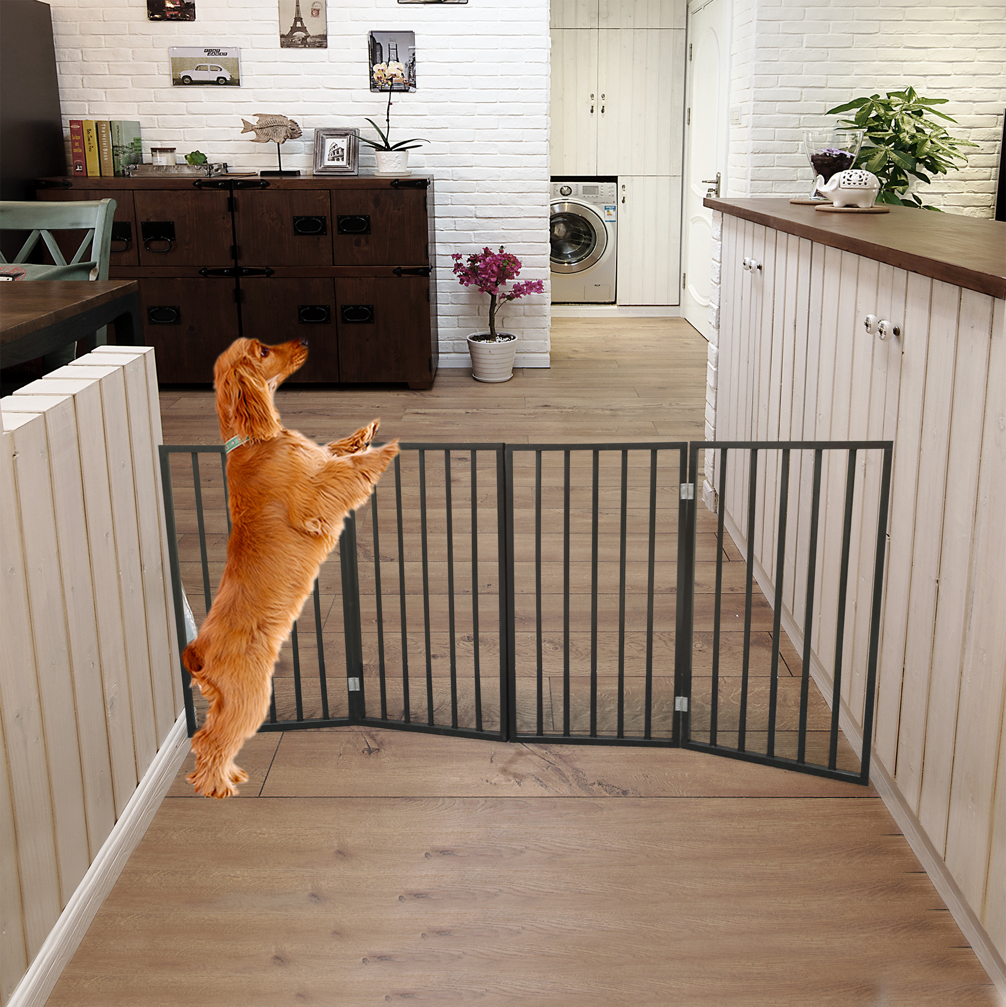 Puerta para Mascotas - Puerta de Perro para Pasillos, Escaleras o Hogar - Libre de Montaje, Plegable, Marrón Claro, Madera Curva — imagen 1
