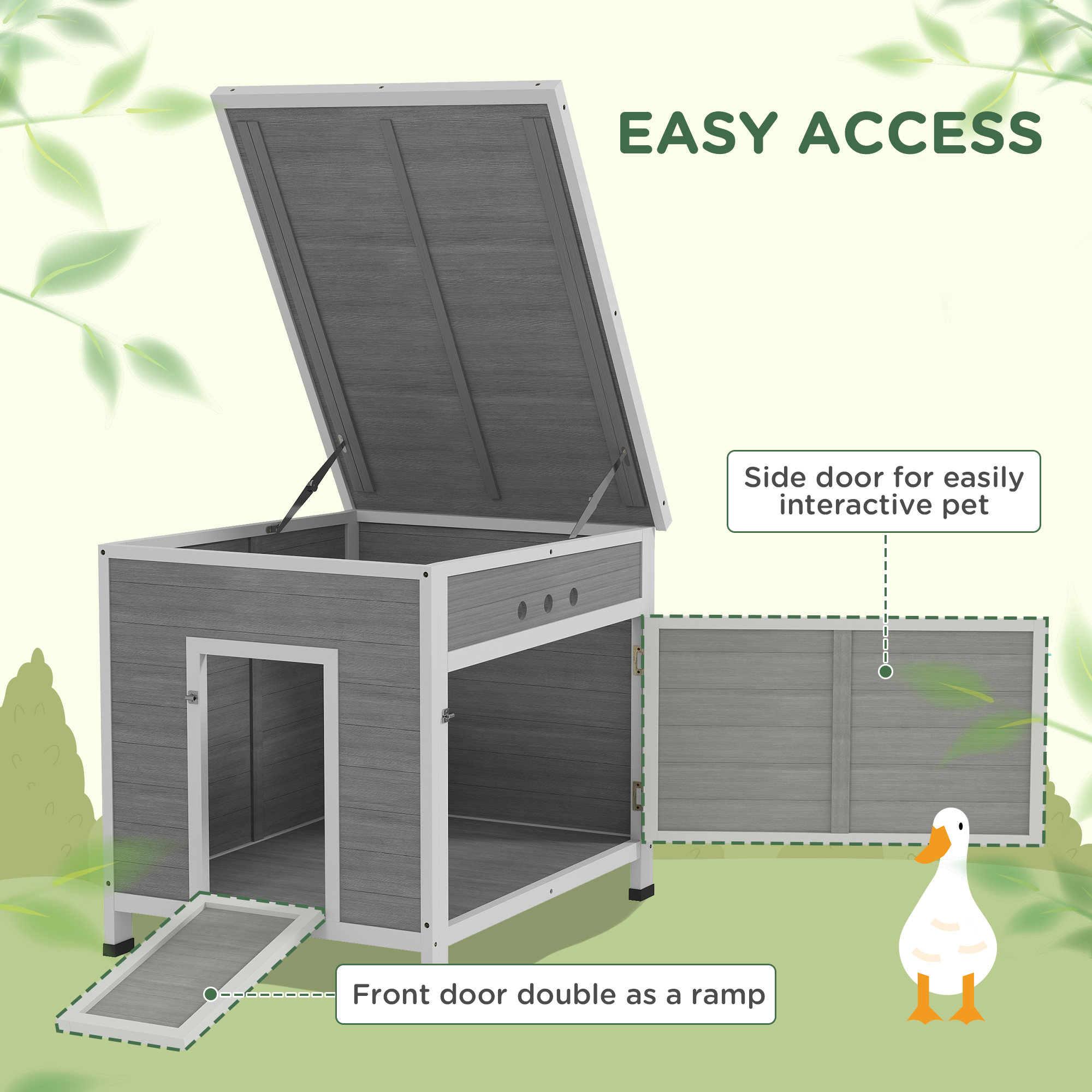 Casa de Pájaro de Madera con Techo Abordable, Suelo Removible, Dos Puertas, Rampita, para 2-4 Patos, Pollos, 25" x 32" x 30" — imagen 6