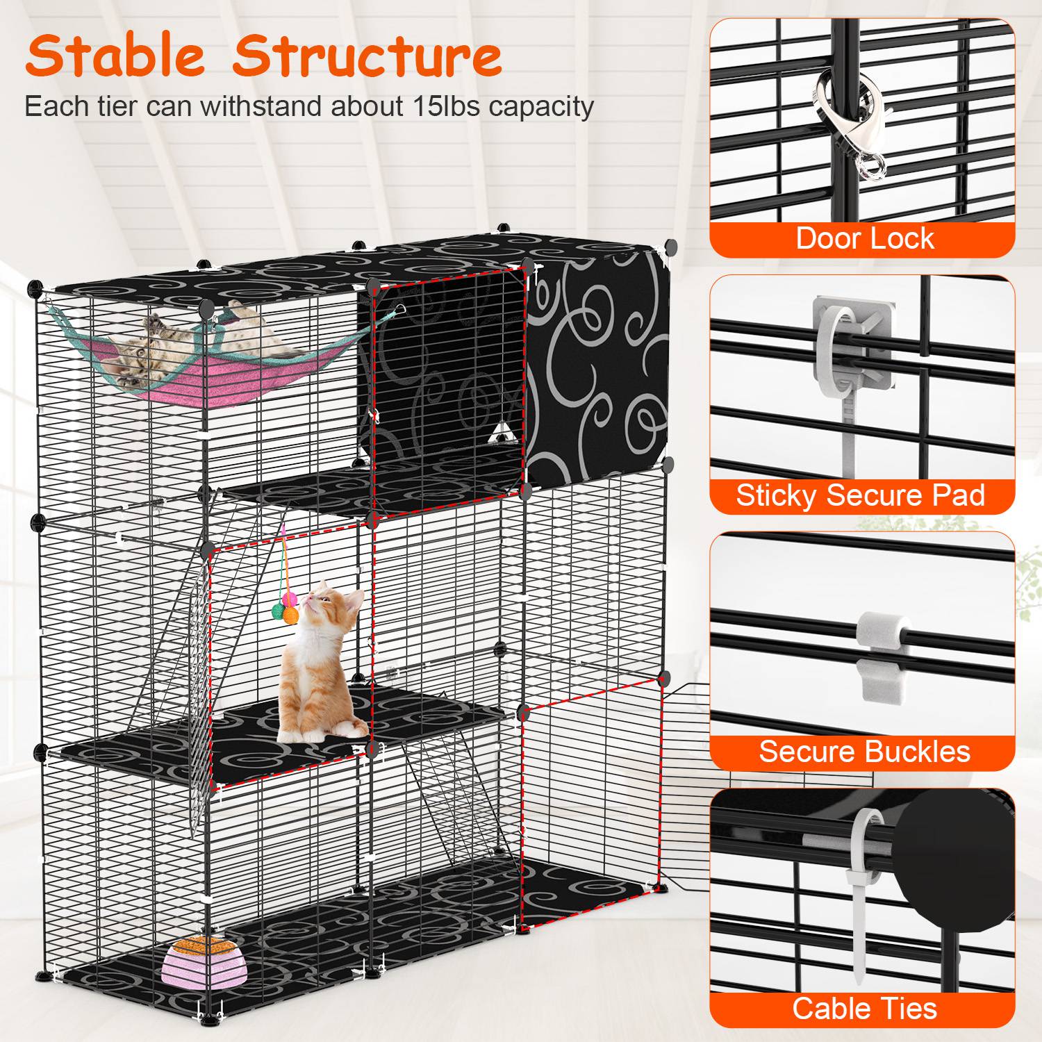 3-Tier Cat Cage Enclosure Indoor Cat Cage Playpen With Hammock Toy Ball Ladder DIY Iron Wire Cat House Kennels Crate For 1-2 Cats Ferret Rabbit Small Animals — image 5