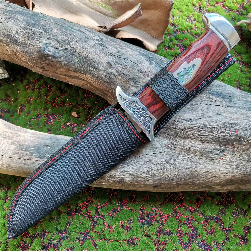 Outdoor Camping Knife, Fixed Blade Straight Knife with Wood Handle, 7Cr13 Steel Blade, Tactical and Survival Tool with Scabbard — image 4