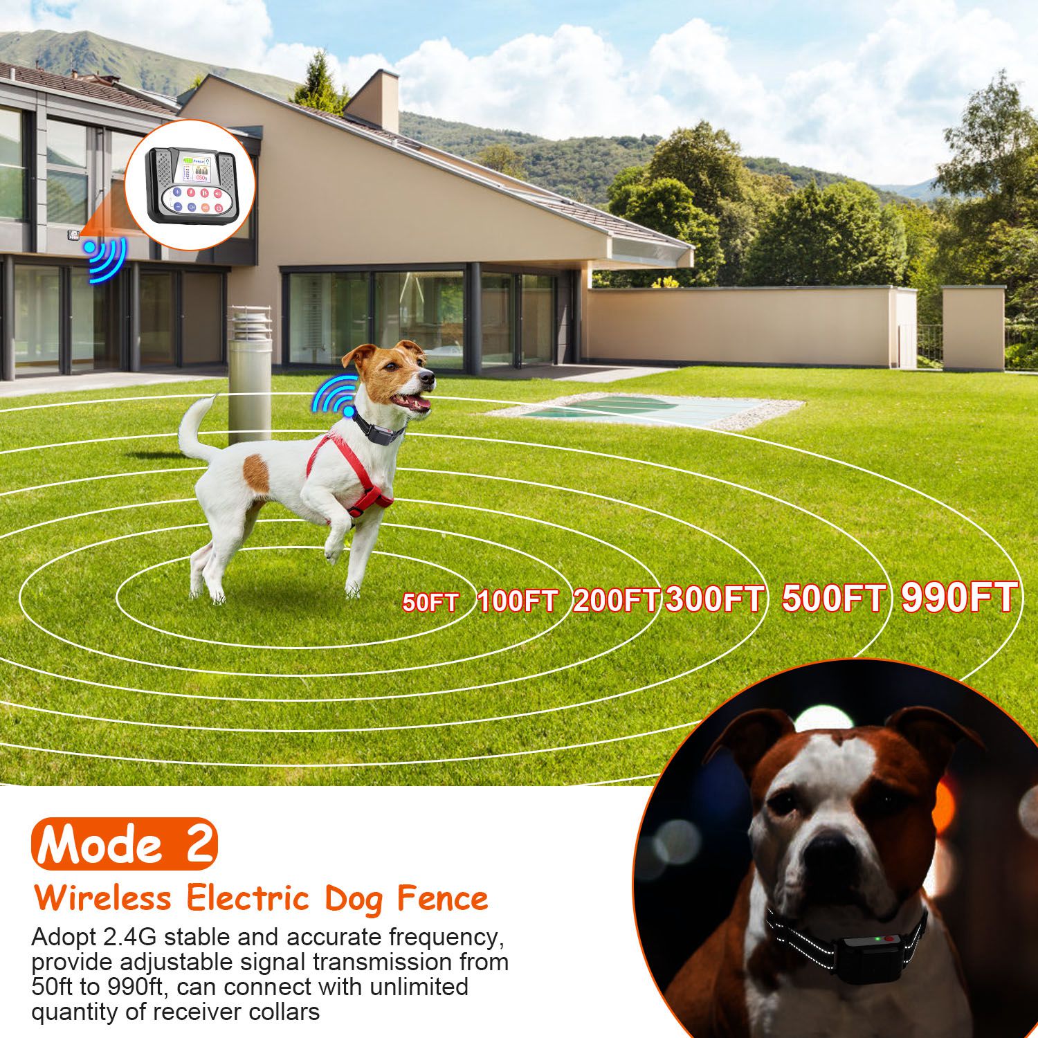 1 Juego de Cerca Inalámbrica para Perros con Alcance de 990FT, Collar de Entrenamiento con Control Remoto, Receptor Impermeable IPX6 con Niveles 0-9 de Sonido, Vibración y Descarga, Sistema Transmisor Recargable de 4 Canales — imagen 4