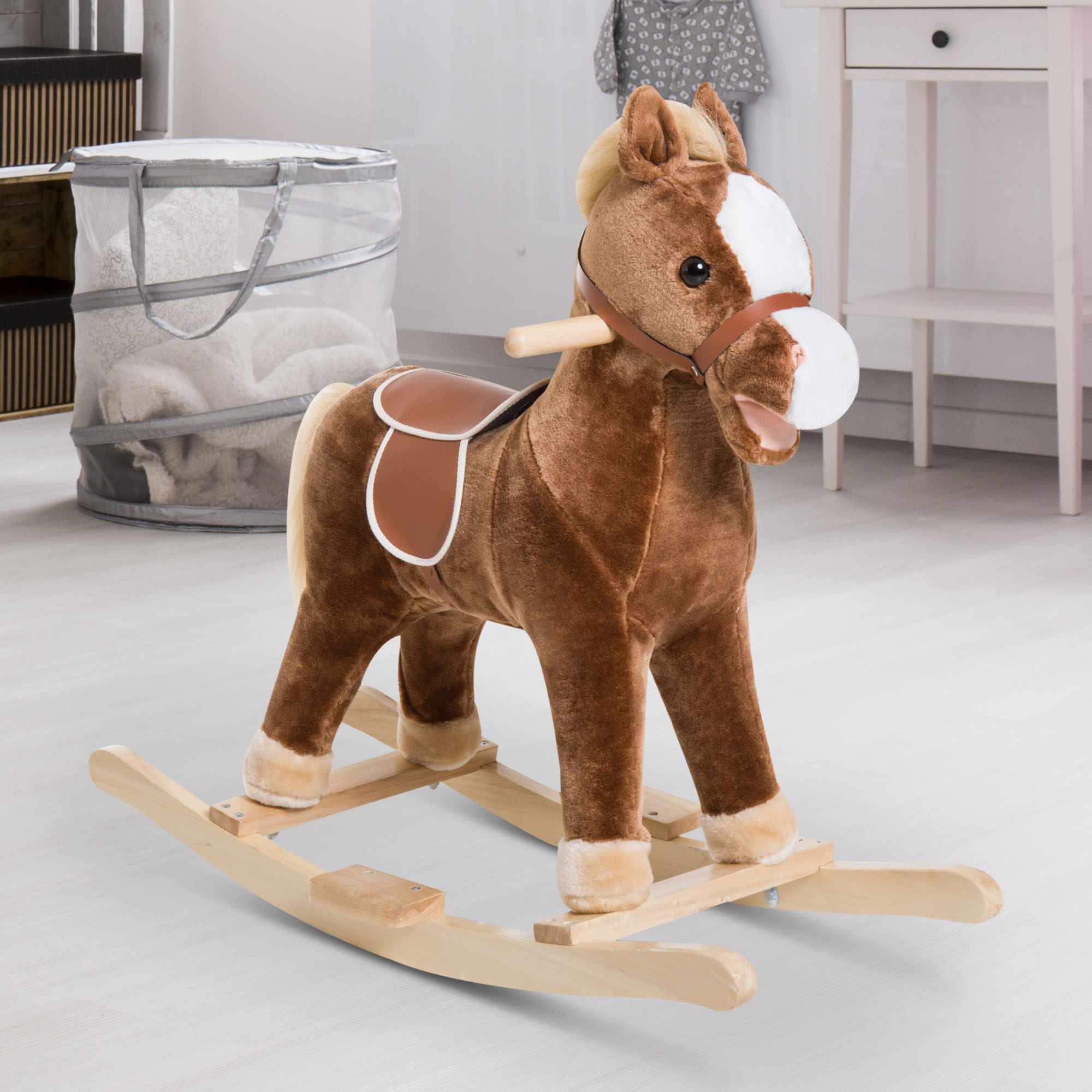 Kids Ride on Rocking Horse Toddler Plush Toy with Realistic Sounds for 3 Years Old Children - Brown — image 1