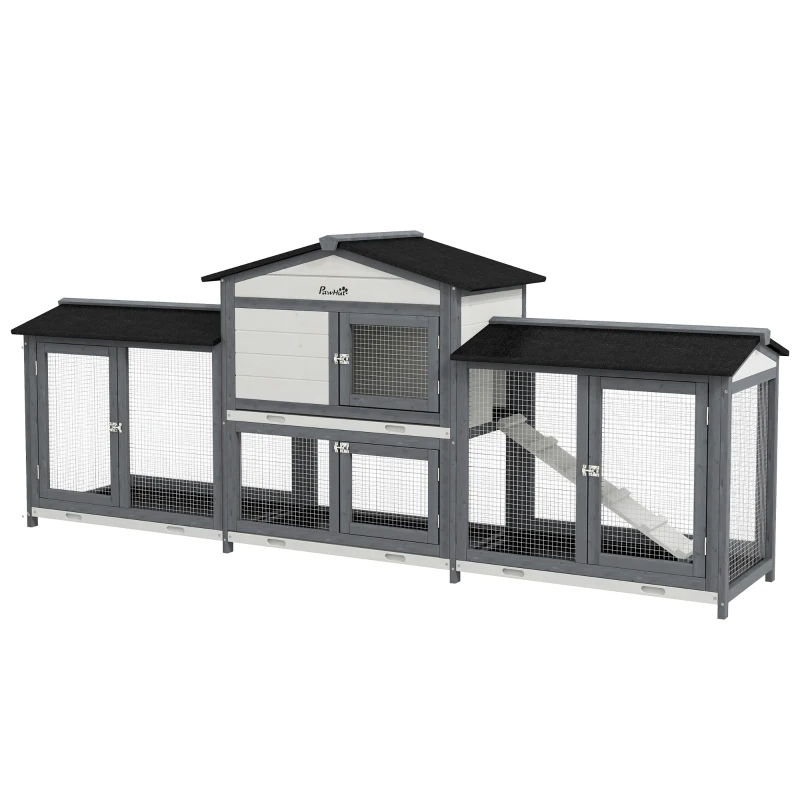 Wooden Rabbit Hutch Bunny Cage Pet Playpen House Enclosure With Double Side Run Boxes, No Leak Tray, Ramp, For Rabbits, Chickens, Ducks, Guinea Pig And Small Animals, Light Gray — image 9